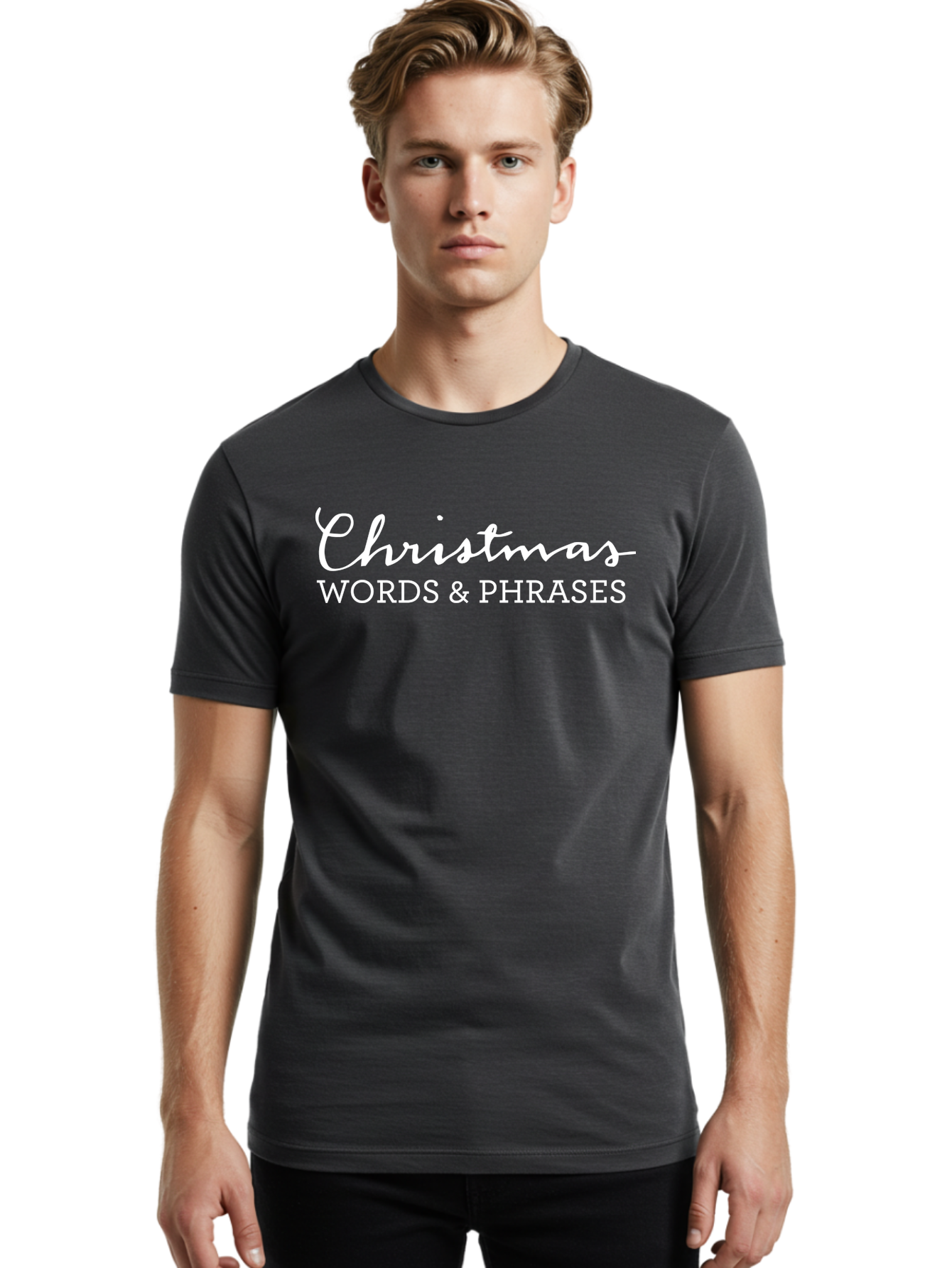 Christmas-Words-Phrases Men'S Graphic Tee, 100% Cotton, Comfortable Casual Summer Wear, Machine Washable, Christmas Words, Holiday Phrases, Festive Language, Christmas Vocabulary, Winter Phrases, Seasonal Expressions, Christmas Terminology -  Aaa830 24