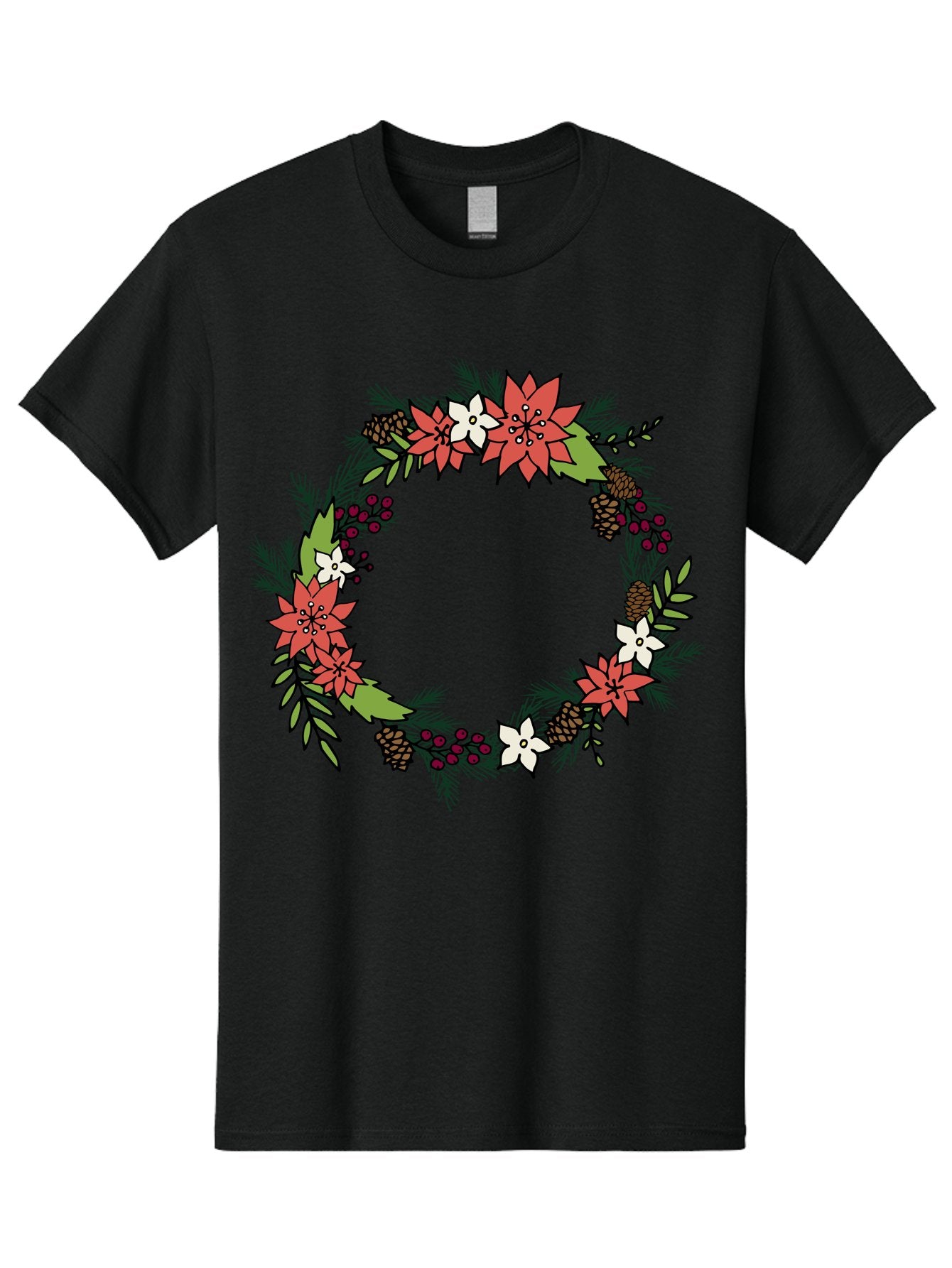 Christmas-Wreath Men'S Graphic Tee, 100% Cotton, Comfortable Casual Summer Wear, Machine Washable, Christmas Wreath, Holiday Decor, Festive Flowers, Red And White Blooms, Pinecones, Evergreen Branches, Seasonal Decoration, -  Aaa831