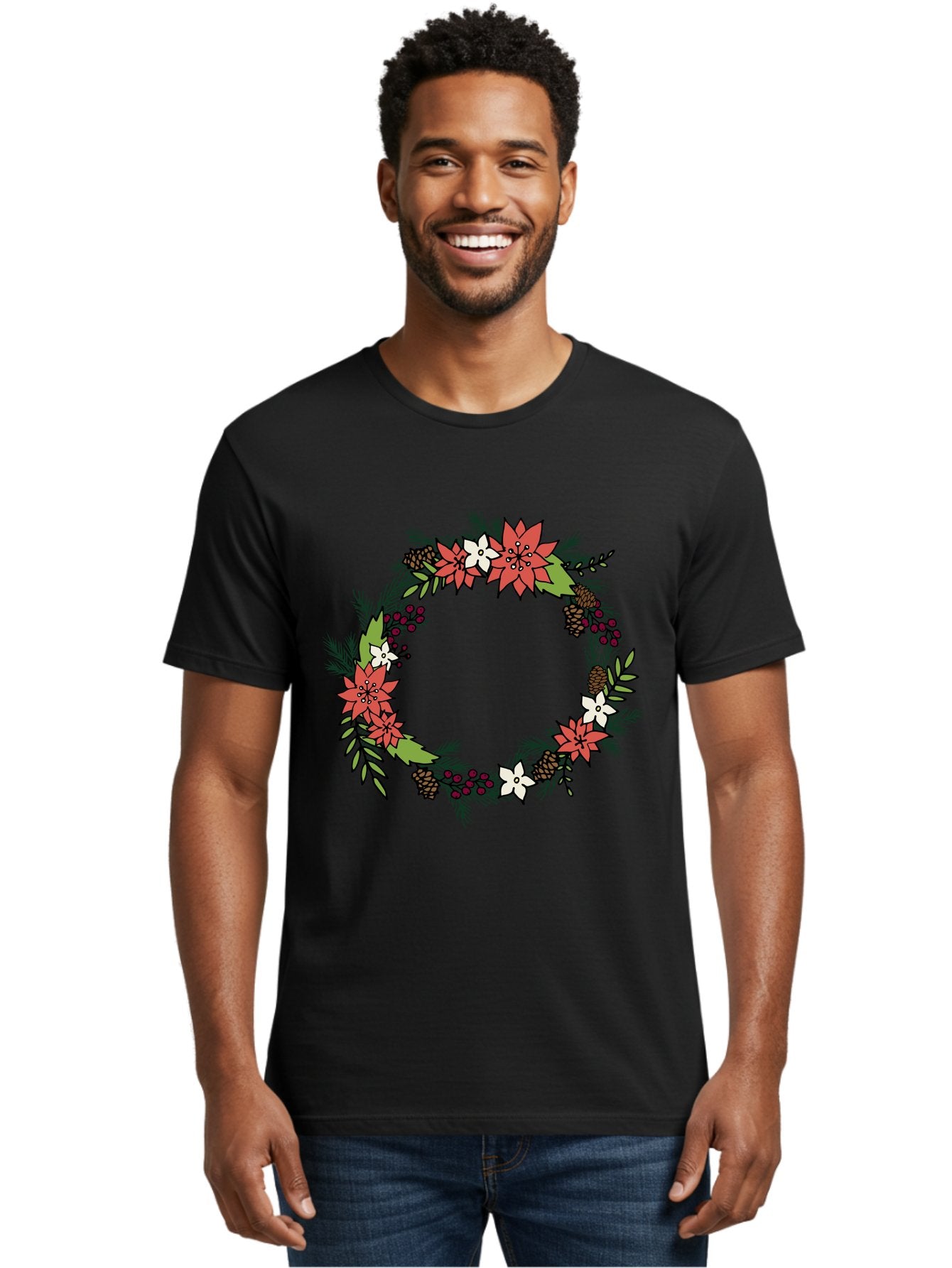 Christmas-Wreath Men'S Graphic Tee, 100% Cotton, Comfortable Casual Summer Wear, Machine Washable, Christmas Wreath, Holiday Decor, Festive Flowers, Red And White Blooms, Pinecones, Evergreen Branches, Seasonal Decoration, -  Aaa831 19