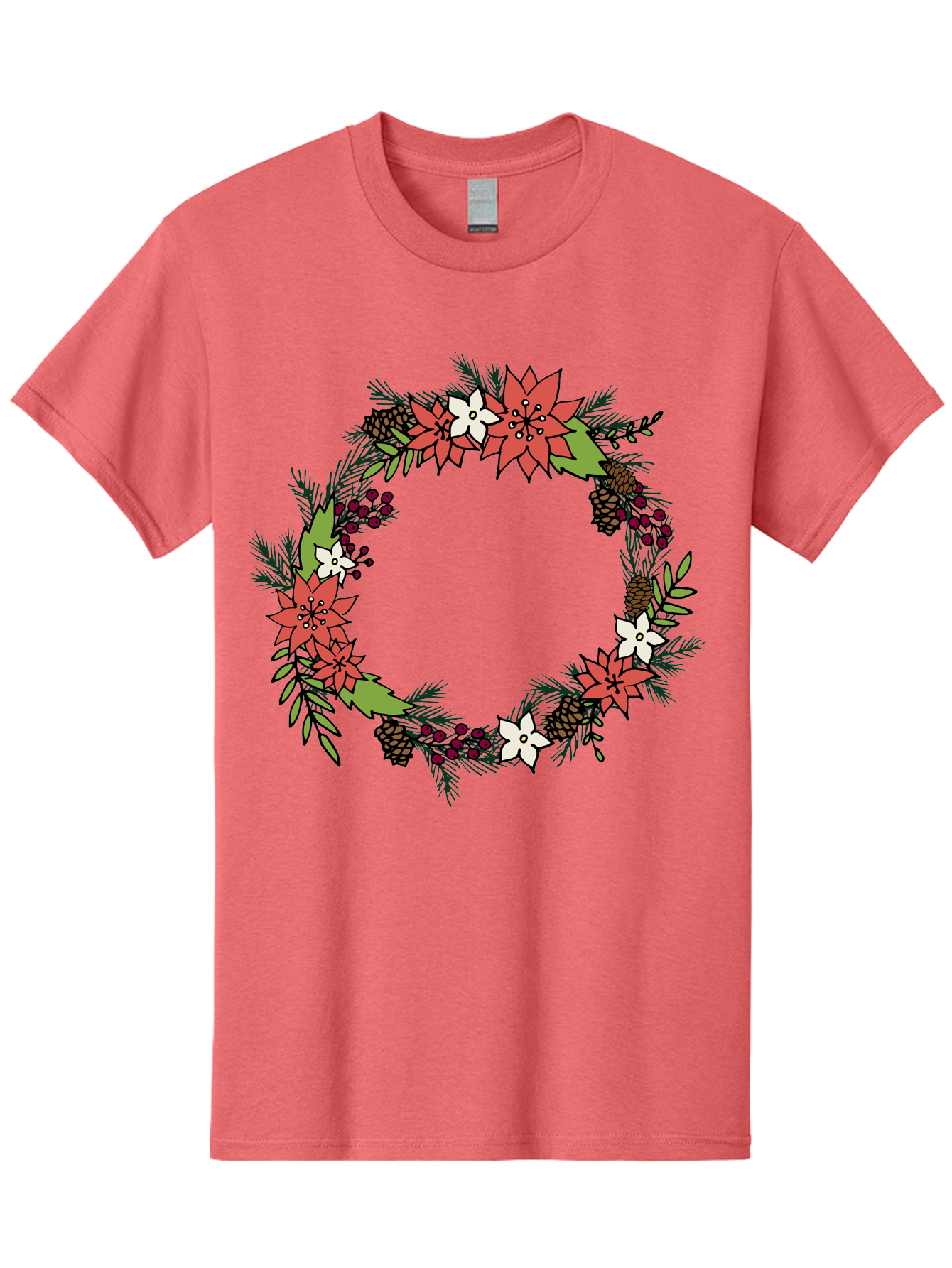Christmas-Wreath Men'S Graphic Tee, 100% Cotton, Comfortable Casual Summer Wear, Machine Washable, Christmas Wreath, Holiday Decor, Festive Flowers, Red And White Blooms, Pinecones, Evergreen Branches, Seasonal Decoration, -  Aaa831