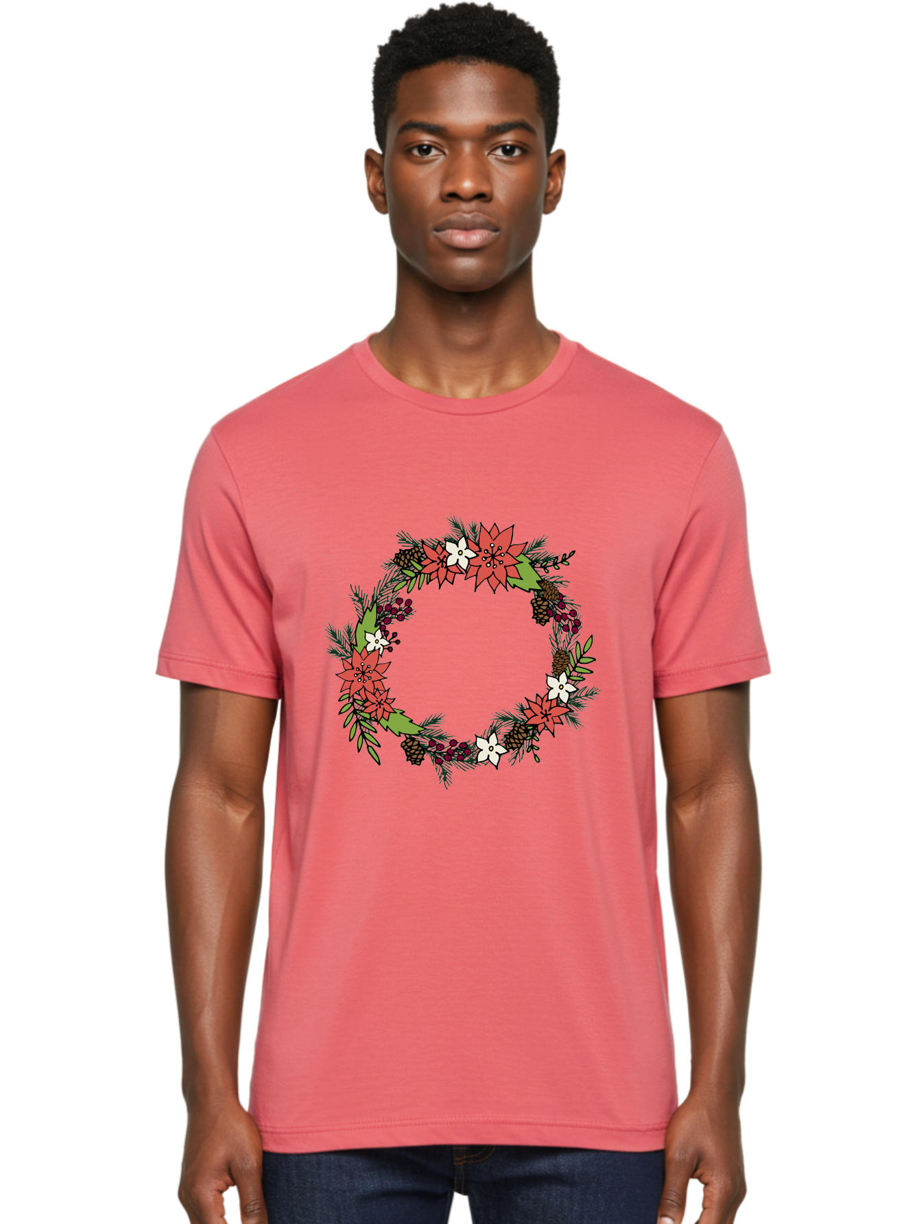 Christmas-Wreath Men'S Graphic Tee, 100% Cotton, Comfortable Casual Summer Wear, Machine Washable, Christmas Wreath, Holiday Decor, Festive Flowers, Red And White Blooms, Pinecones, Evergreen Branches, Seasonal Decoration, -  Aaa831