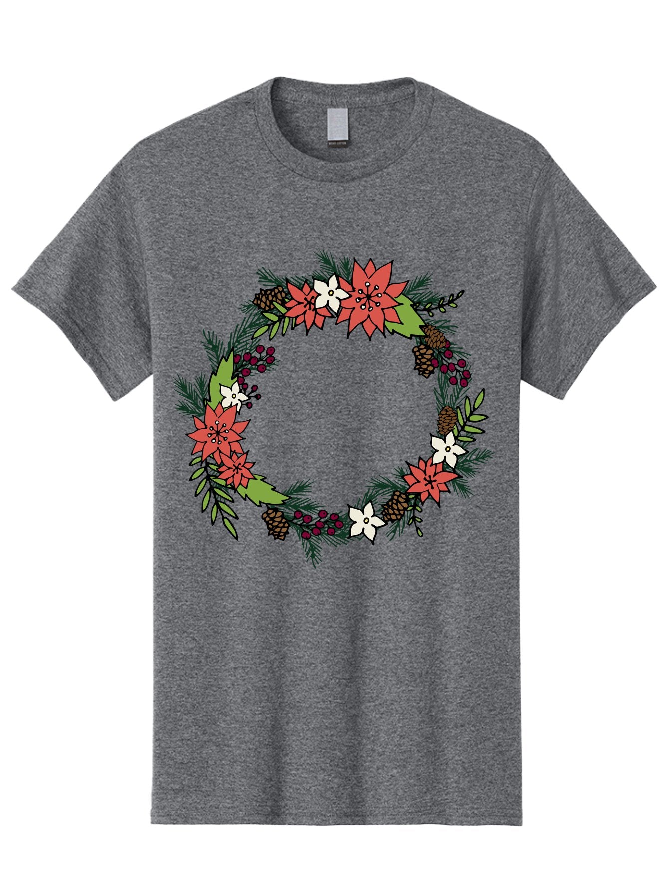 Christmas-Wreath Men'S Graphic Tee, 100% Cotton, Comfortable Casual Summer Wear, Machine Washable, Christmas Wreath, Holiday Decor, Festive Flowers, Red And White Blooms, Pinecones, Evergreen Branches, Seasonal Decoration, -  Aaa831 6