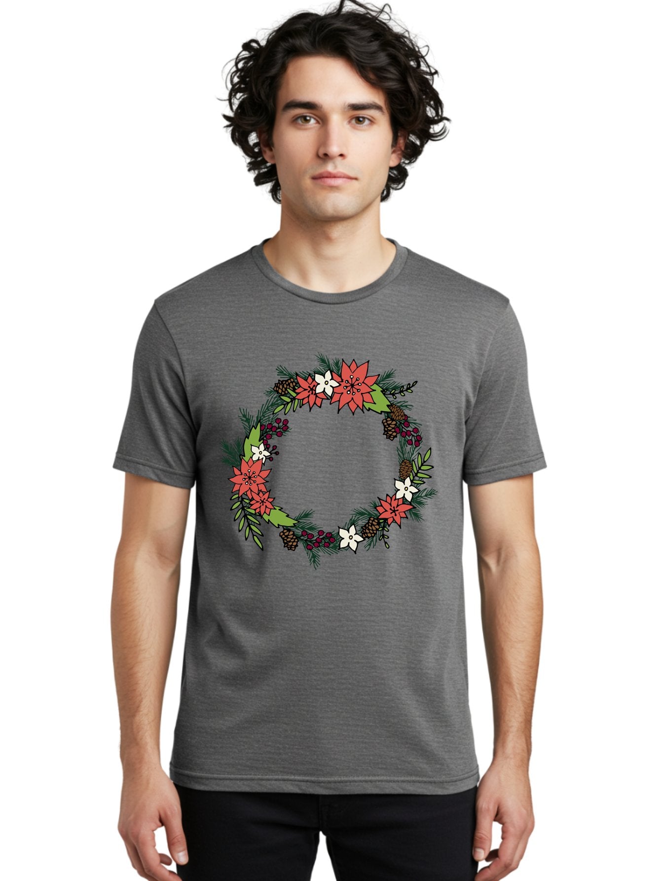 Christmas-Wreath Men'S Graphic Tee, 100% Cotton, Comfortable Casual Summer Wear, Machine Washable, Christmas Wreath, Holiday Decor, Festive Flowers, Red And White Blooms, Pinecones, Evergreen Branches, Seasonal Decoration, -  Aaa831 24