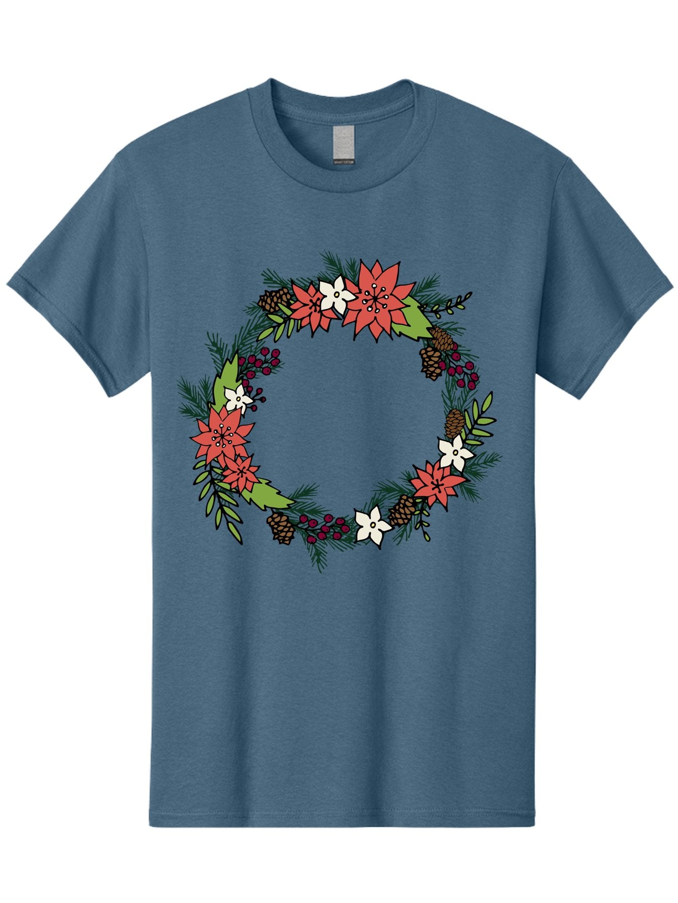 Christmas-Wreath Men'S Graphic Tee, 100% Cotton, Comfortable Casual Summer Wear, Machine Washable, Christmas Wreath, Holiday Decor, Festive Flowers, Red And White Blooms, Pinecones, Evergreen Branches, Seasonal Decoration, -  Aaa831 3