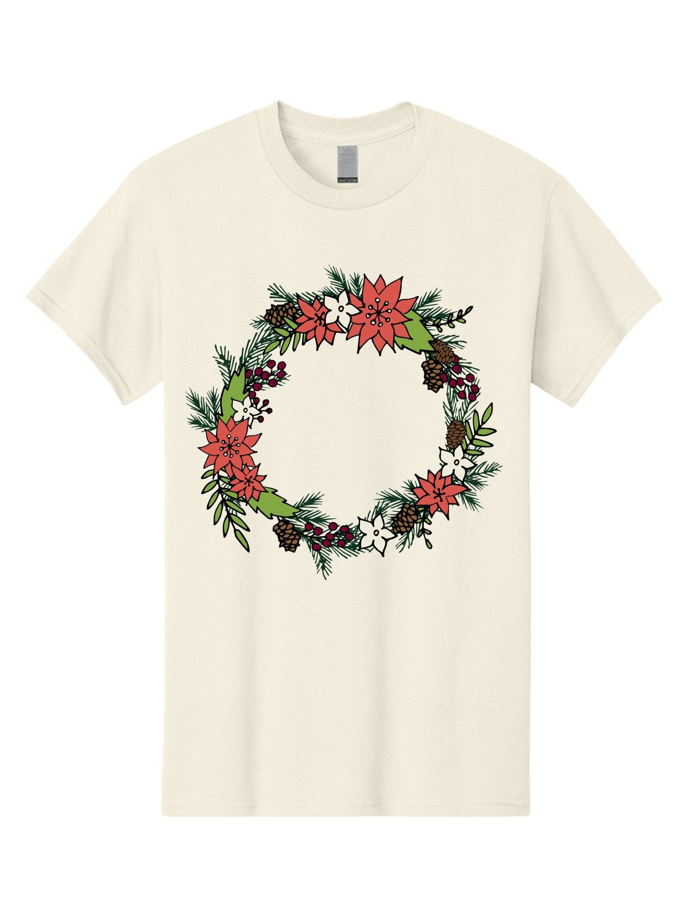 Christmas-Wreath Men'S Graphic Tee, 100% Cotton, Comfortable Casual Summer Wear, Machine Washable, Christmas Wreath, Holiday Decor, Festive Flowers, Red And White Blooms, Pinecones, Evergreen Branches, Seasonal Decoration, -  Aaa831 7