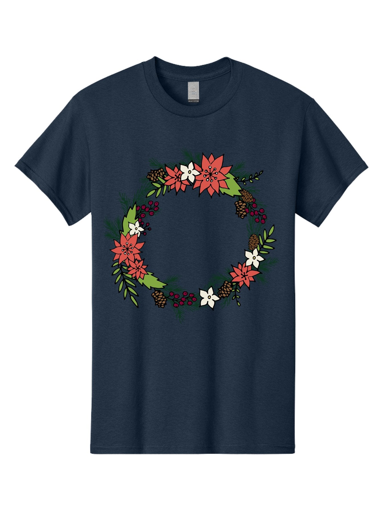 Christmas-Wreath Men'S Graphic Tee, 100% Cotton, Comfortable Casual Summer Wear, Machine Washable, Christmas Wreath, Holiday Decor, Festive Flowers, Red And White Blooms, Pinecones, Evergreen Branches, Seasonal Decoration, -  Aaa831