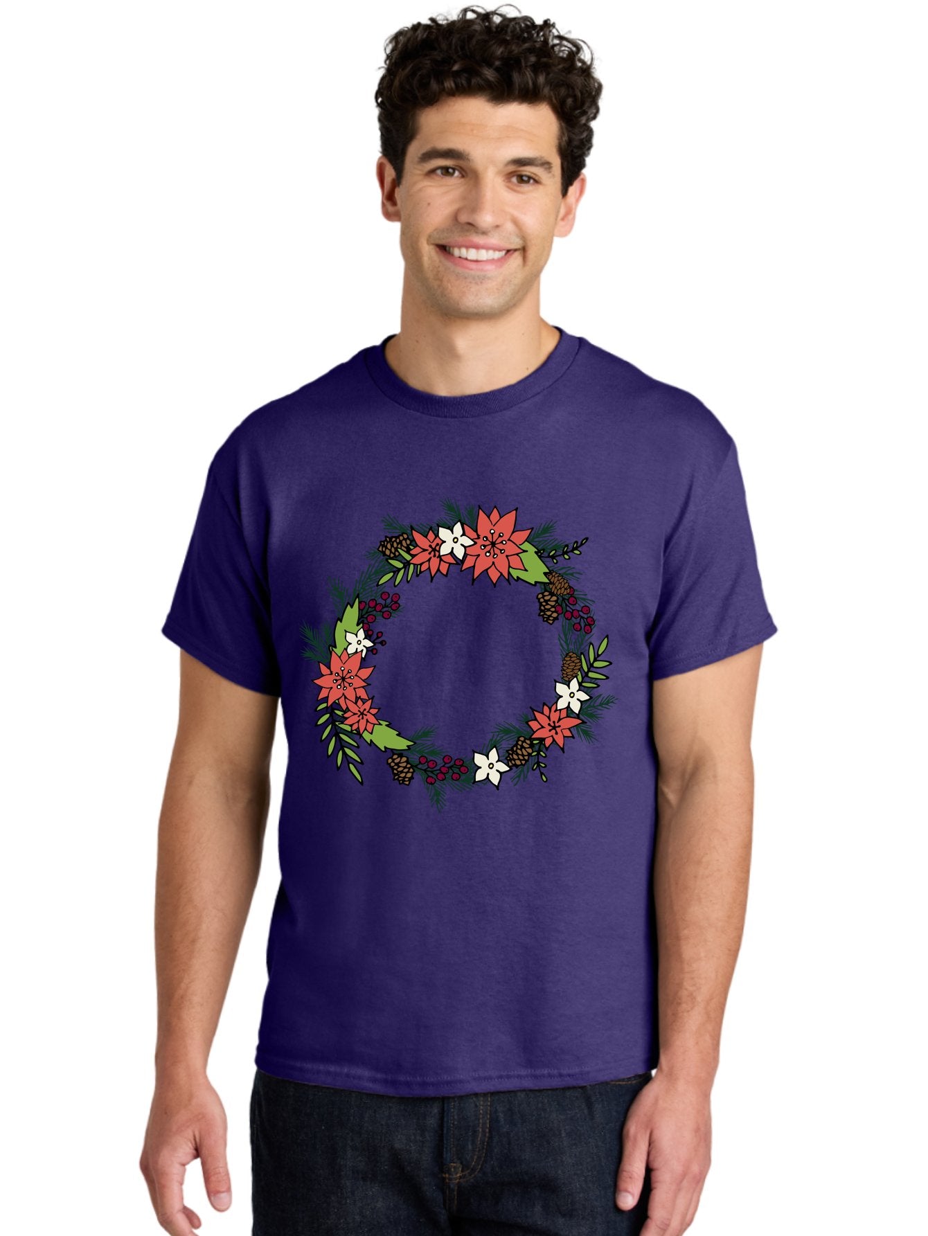 Christmas-Wreath Men'S Graphic Tee, 100% Cotton, Comfortable Casual Summer Wear, Machine Washable, Christmas Wreath, Holiday Decor, Festive Flowers, Red And White Blooms, Pinecones, Evergreen Branches, Seasonal Decoration, -  Aaa831 17