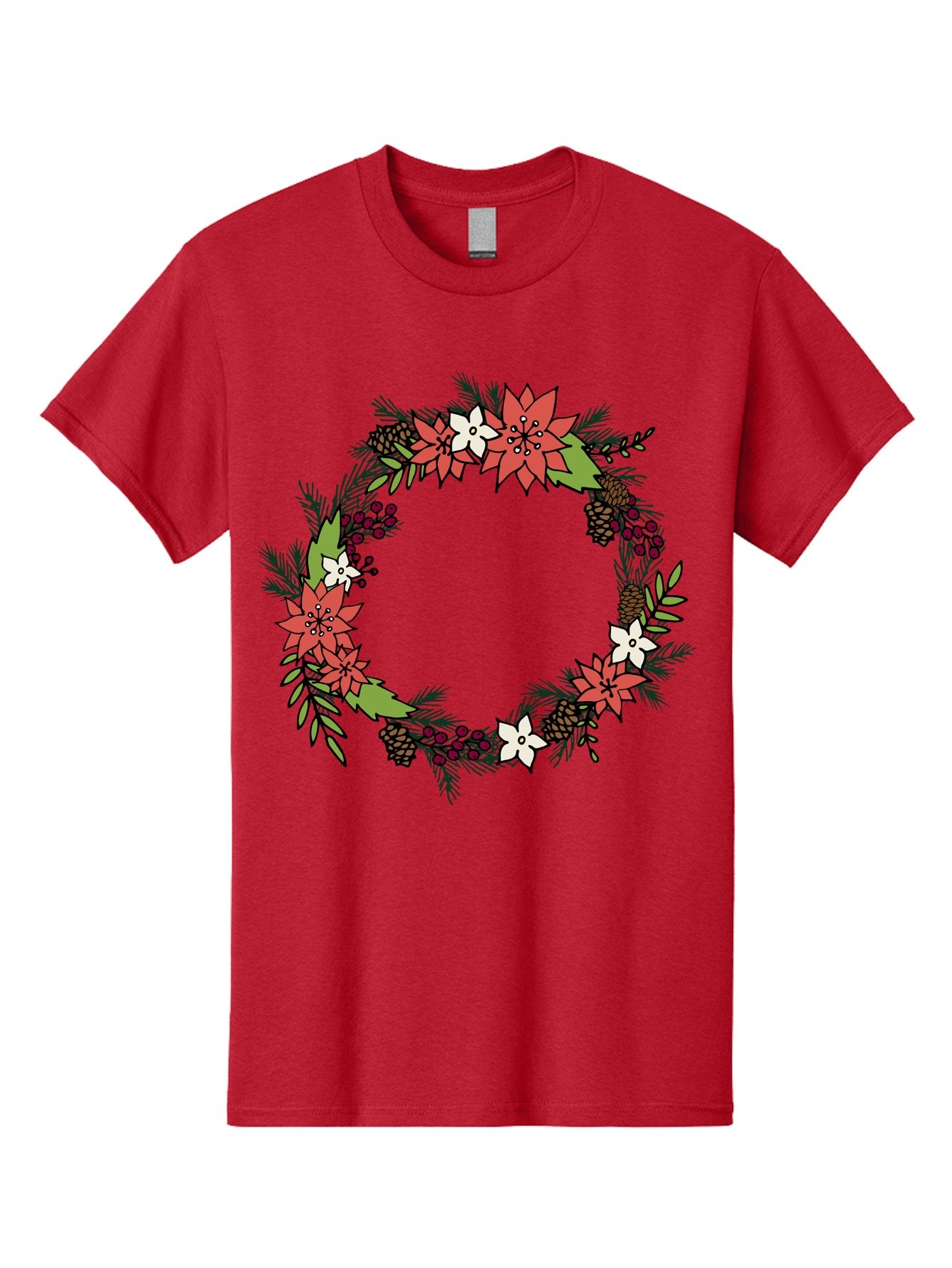 Christmas-Wreath Men'S Graphic Tee, 100% Cotton, Comfortable Casual Summer Wear, Machine Washable, Christmas Wreath, Holiday Decor, Festive Flowers, Red And White Blooms, Pinecones, Evergreen Branches, Seasonal Decoration, -  Aaa831 4