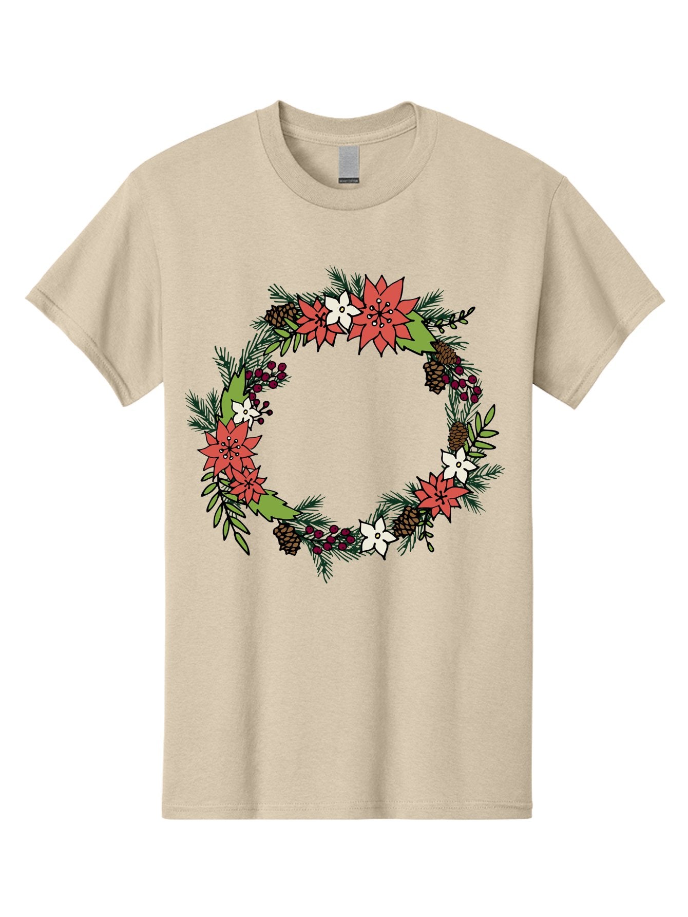 Christmas-Wreath Men'S Graphic Tee, 100% Cotton, Comfortable Casual Summer Wear, Machine Washable, Christmas Wreath, Holiday Decor, Festive Flowers, Red And White Blooms, Pinecones, Evergreen Branches, Seasonal Decoration, -  Aaa831 12