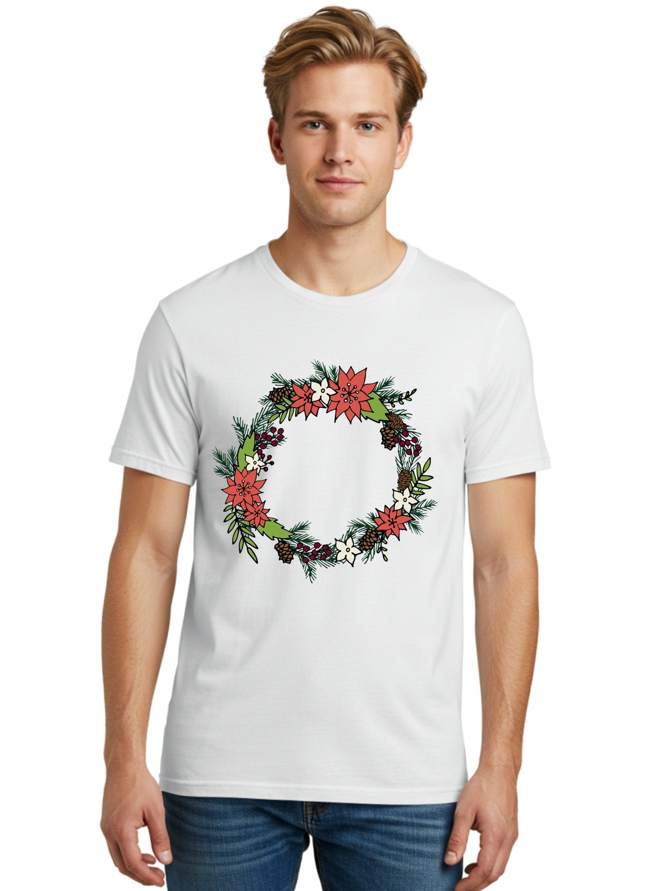 Christmas-Wreath Men'S Graphic Tee, 100% Cotton, Comfortable Casual Summer Wear, Machine Washable, Christmas Wreath, Holiday Decor, Festive Flowers, Red And White Blooms, Pinecones, Evergreen Branches, Seasonal Decoration, -  Aaa831 26