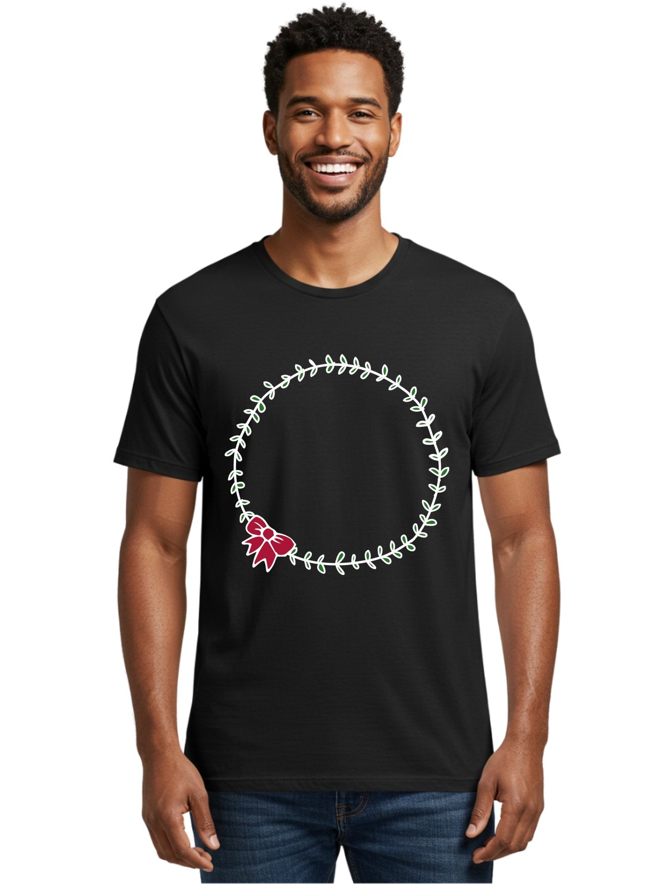 Circular-Wreath-With-Red-Bow Men'S Graphic Tee, 100% Cotton, Comfortable Casual Summer Wear, Machine Washable, Floral Wreath, White Leaves, Red Bow, Decorative Frame, Circular Design, Elegant Border, Festive Decoration, Minimalist Style, -  Aaa835 28