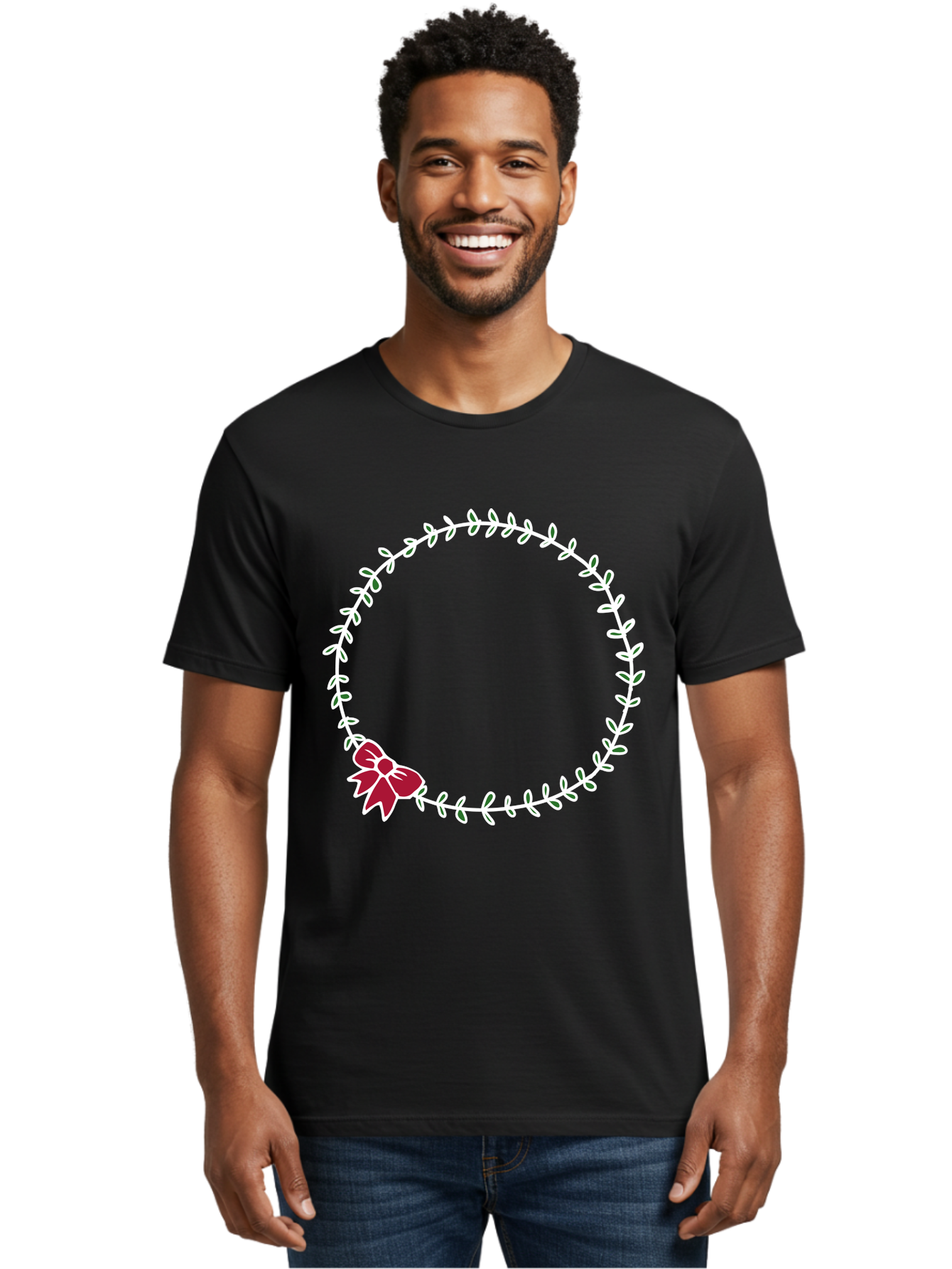 Circular-Wreath-With-Red-Bow Men'S Graphic Tee, 100% Cotton, Comfortable Casual Summer Wear, Machine Washable, Floral Wreath, White Leaves, Red Bow, Decorative Frame, Circular Design, Elegant Border, Festive Decoration, Minimalist Style, -  Aaa835