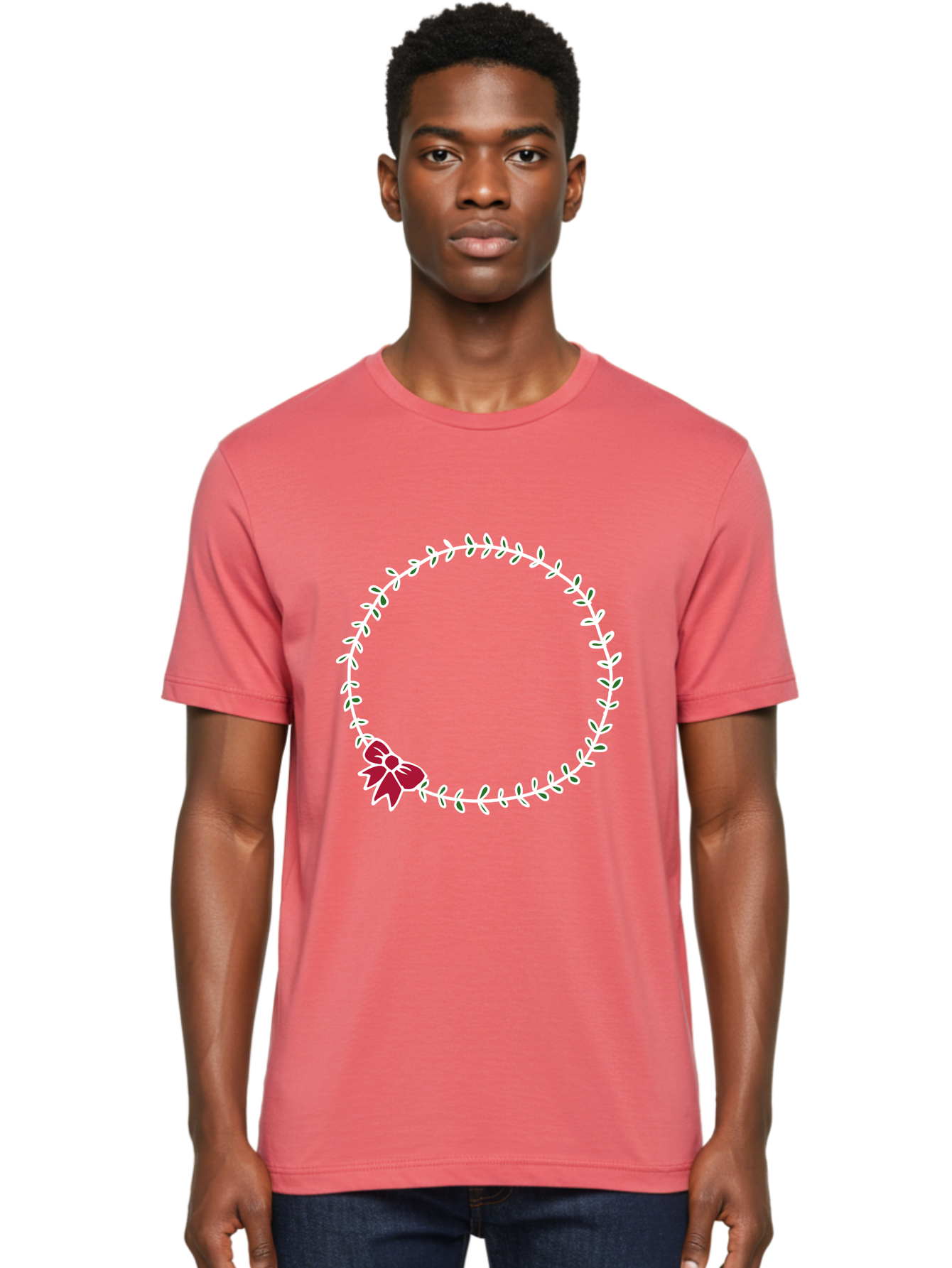 Circular-Wreath-With-Red-Bow Men'S Graphic Tee, 100% Cotton, Comfortable Casual Summer Wear, Machine Washable, Floral Wreath, White Leaves, Red Bow, Decorative Frame, Circular Design, Elegant Border, Festive Decoration, Minimalist Style, -  Aaa835 6