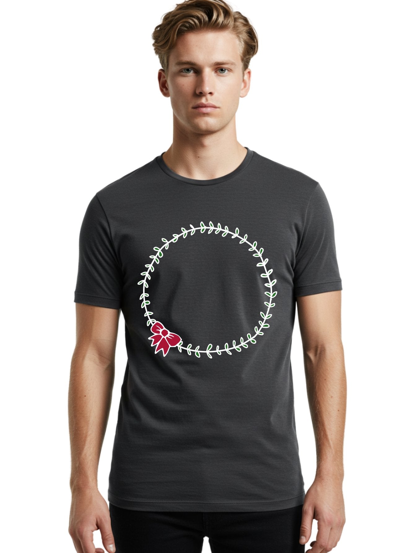 Circular-Wreath-With-Red-Bow Men'S Graphic Tee, 100% Cotton, Comfortable Casual Summer Wear, Machine Washable, Floral Wreath, White Leaves, Red Bow, Decorative Frame, Circular Design, Elegant Border, Festive Decoration, Minimalist Style, -  Aaa835 26