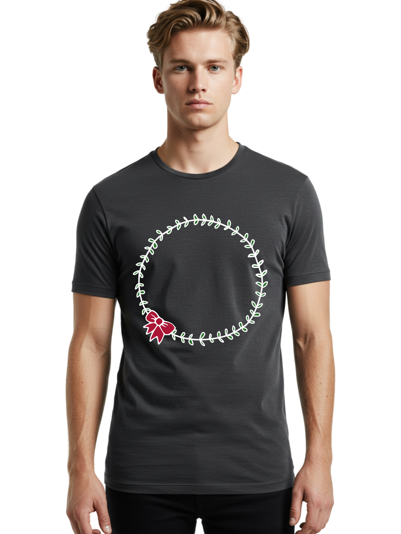 Circular-Wreath-With-Red-Bow Men'S Graphic Tee, 100% Cotton, Comfortable Casual Summer Wear, Machine Washable, Floral Wreath, White Leaves, Red Bow, Decorative Frame, Circular Design, Elegant Border, Festive Decoration, Minimalist Style, -  Aaa835 8