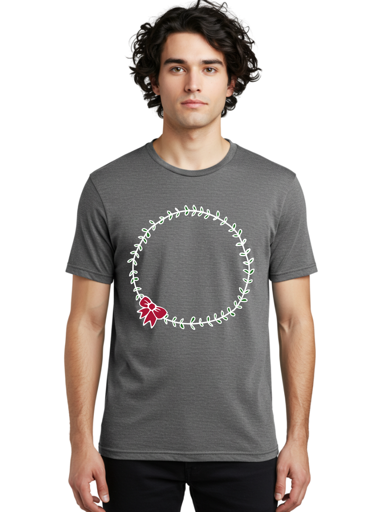 Circular-Wreath-With-Red-Bow Men'S Graphic Tee, 100% Cotton, Comfortable Casual Summer Wear, Machine Washable, Floral Wreath, White Leaves, Red Bow, Decorative Frame, Circular Design, Elegant Border, Festive Decoration, Minimalist Style, -  Aaa835 10