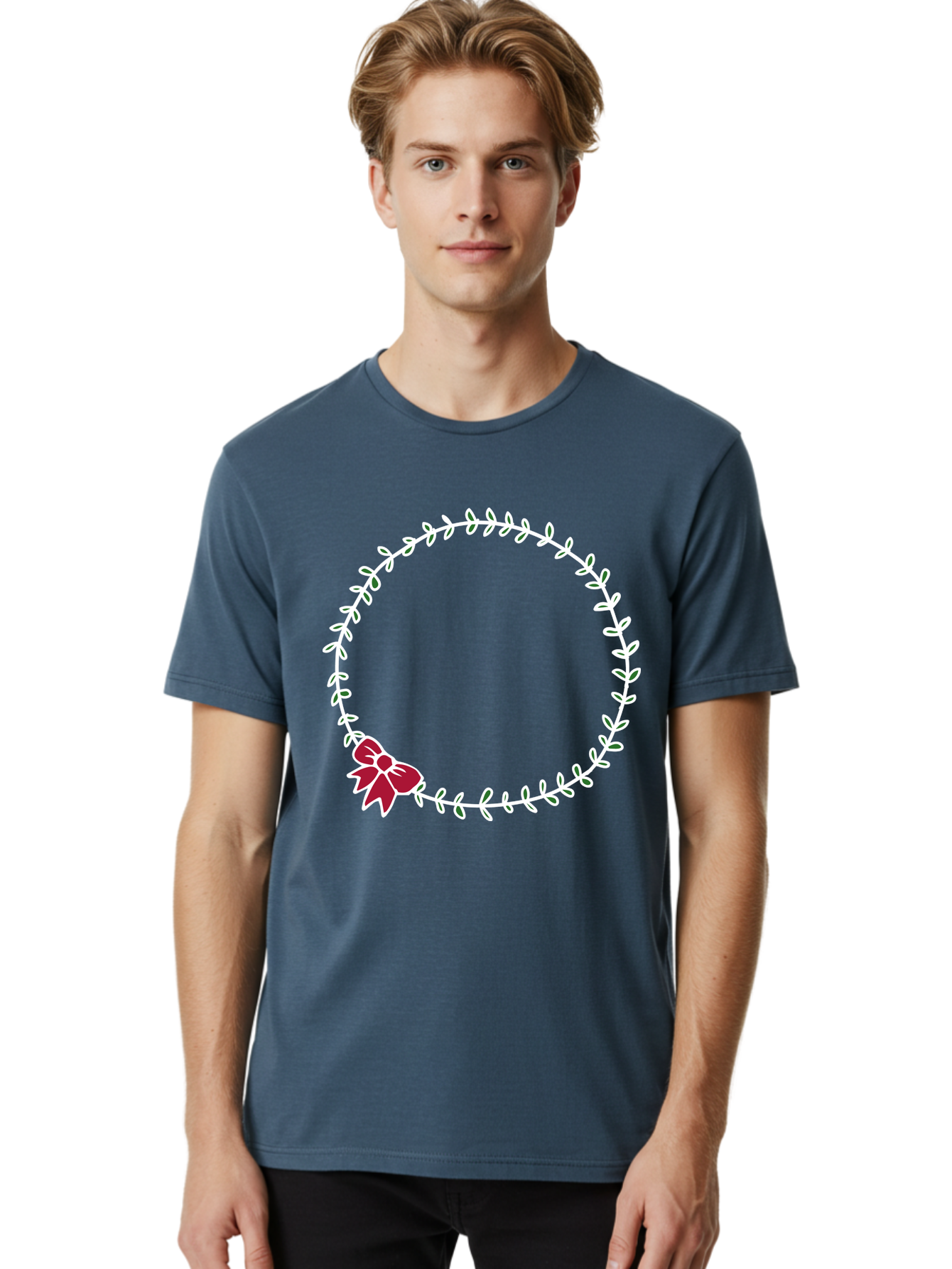 Circular-Wreath-With-Red-Bow Men'S Graphic Tee, 100% Cotton, Comfortable Casual Summer Wear, Machine Washable, Floral Wreath, White Leaves, Red Bow, Decorative Frame, Circular Design, Elegant Border, Festive Decoration, Minimalist Style, -  Aaa835 12