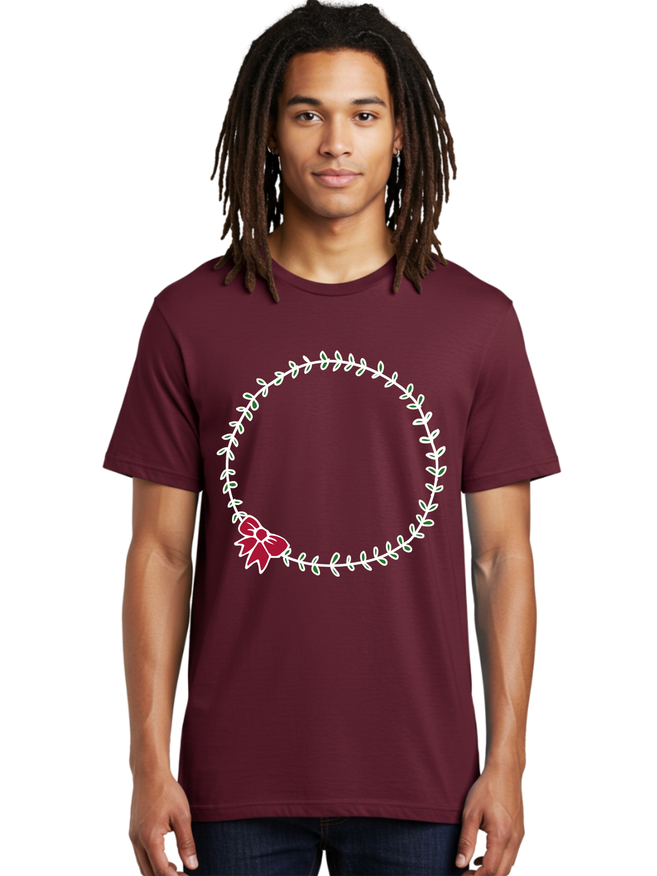 Circular-Wreath-With-Red-Bow Men'S Graphic Tee, 100% Cotton, Comfortable Casual Summer Wear, Machine Washable, Floral Wreath, White Leaves, Red Bow, Decorative Frame, Circular Design, Elegant Border, Festive Decoration, Minimalist Style, -  Aaa835 14