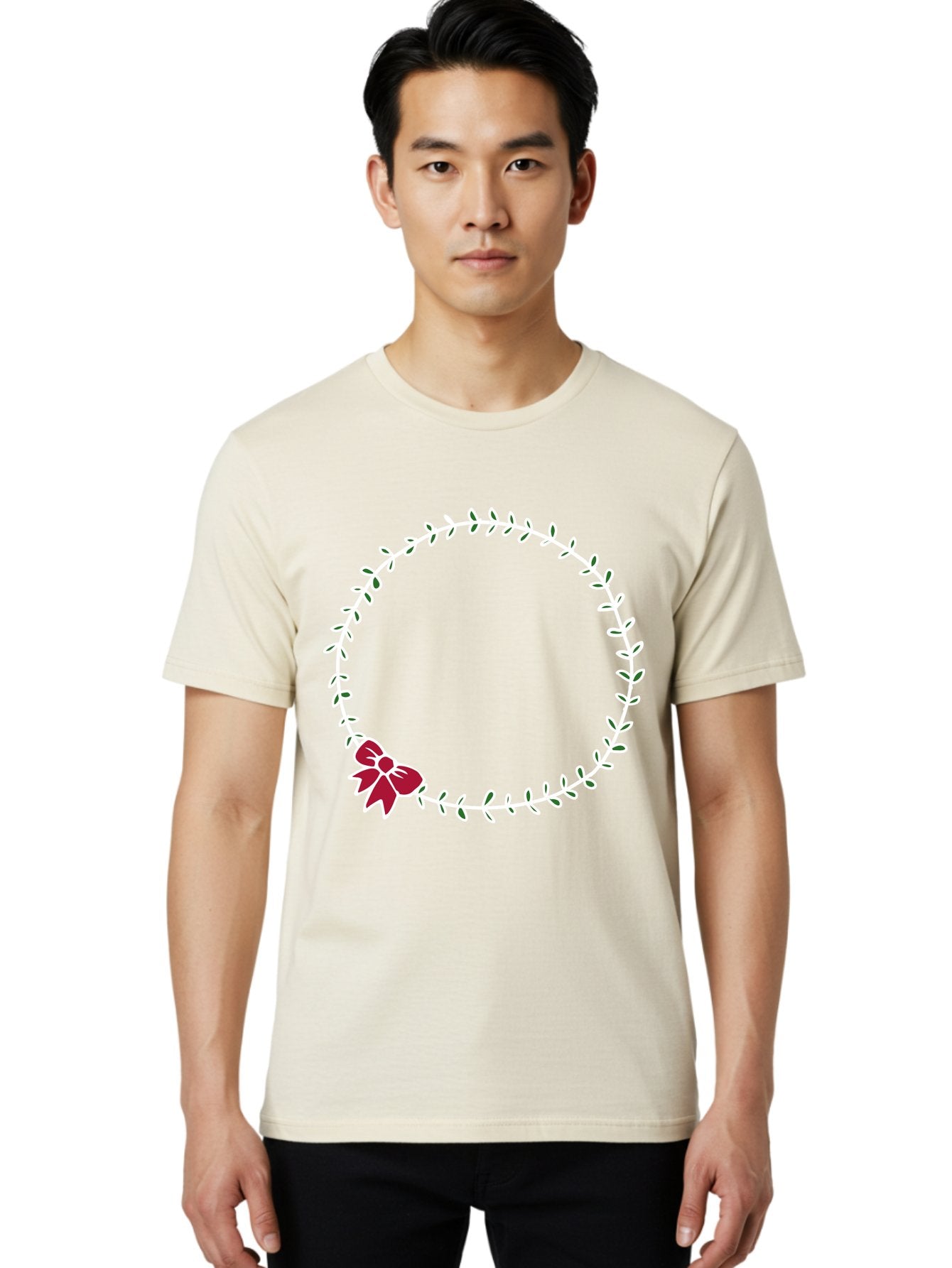 Circular-Wreath-With-Red-Bow Men'S Graphic Tee, 100% Cotton, Comfortable Casual Summer Wear, Machine Washable, Floral Wreath, White Leaves, Red Bow, Decorative Frame, Circular Design, Elegant Border, Festive Decoration, Minimalist Style, -  Aaa835 19