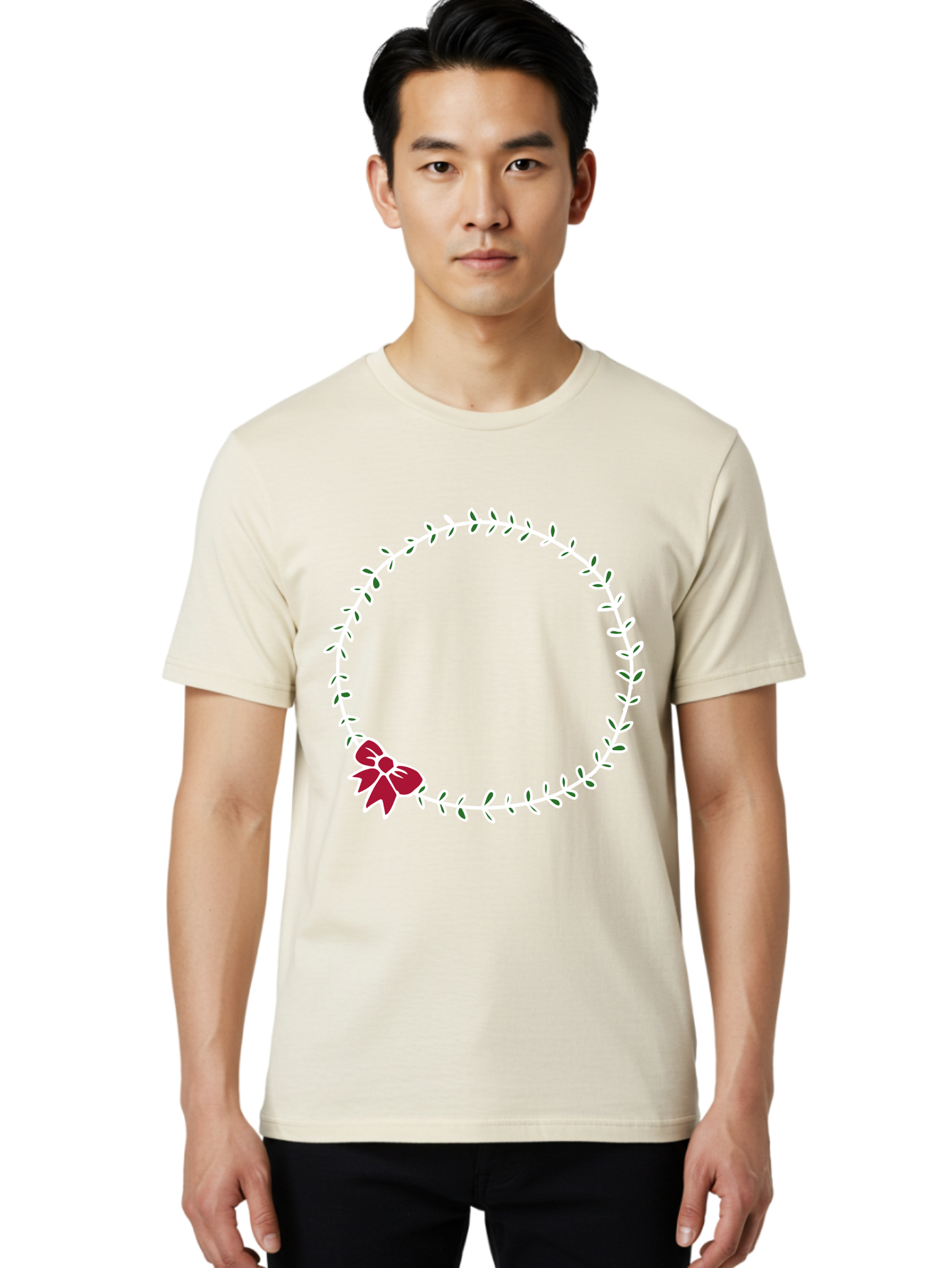 Circular-Wreath-With-Red-Bow Men'S Graphic Tee, 100% Cotton, Comfortable Casual Summer Wear, Machine Washable, Floral Wreath, White Leaves, Red Bow, Decorative Frame, Circular Design, Elegant Border, Festive Decoration, Minimalist Style, -  Aaa835 18