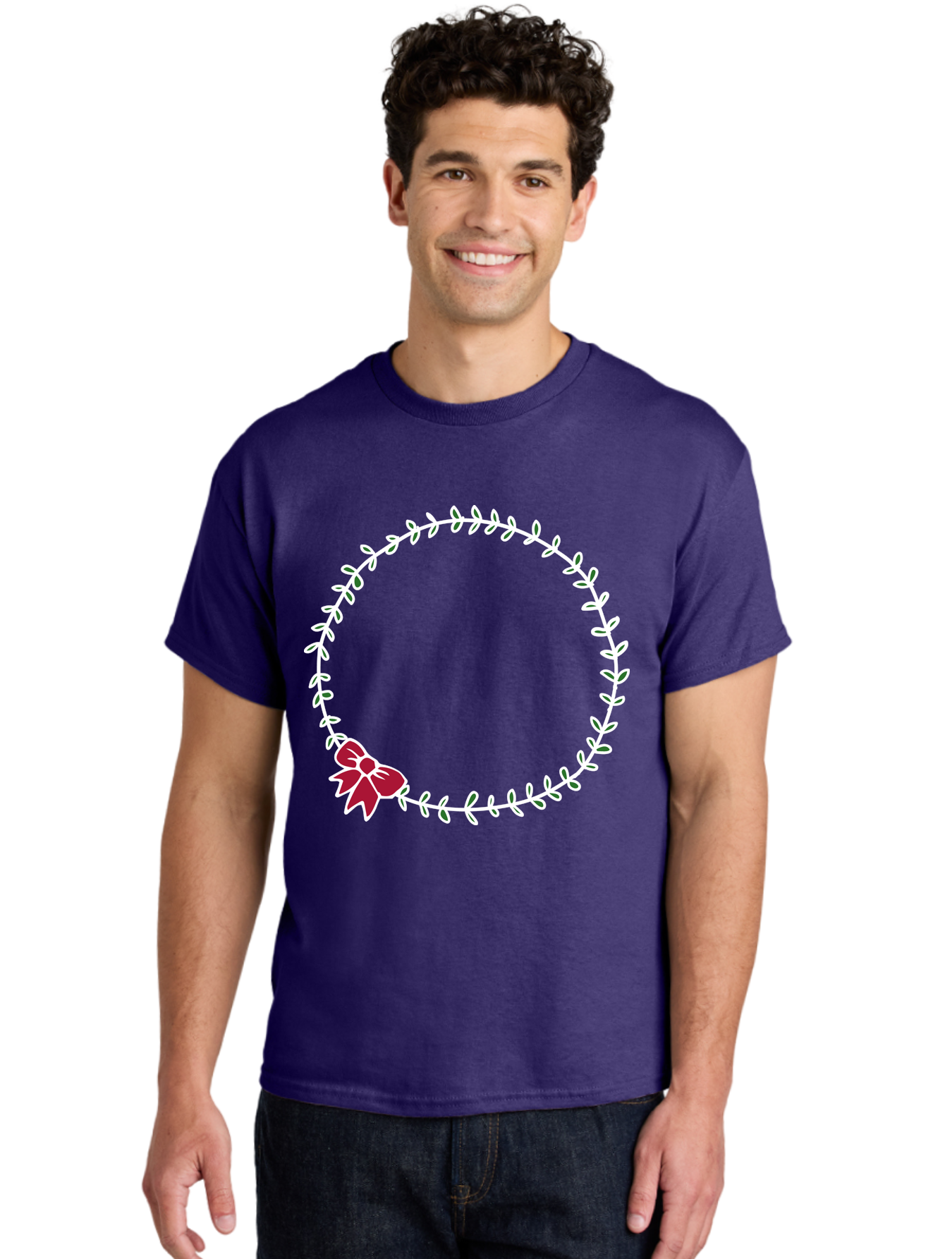 Circular-Wreath-With-Red-Bow Men'S Graphic Tee, 100% Cotton, Comfortable Casual Summer Wear, Machine Washable, Floral Wreath, White Leaves, Red Bow, Decorative Frame, Circular Design, Elegant Border, Festive Decoration, Minimalist Style, -  Aaa835 22
