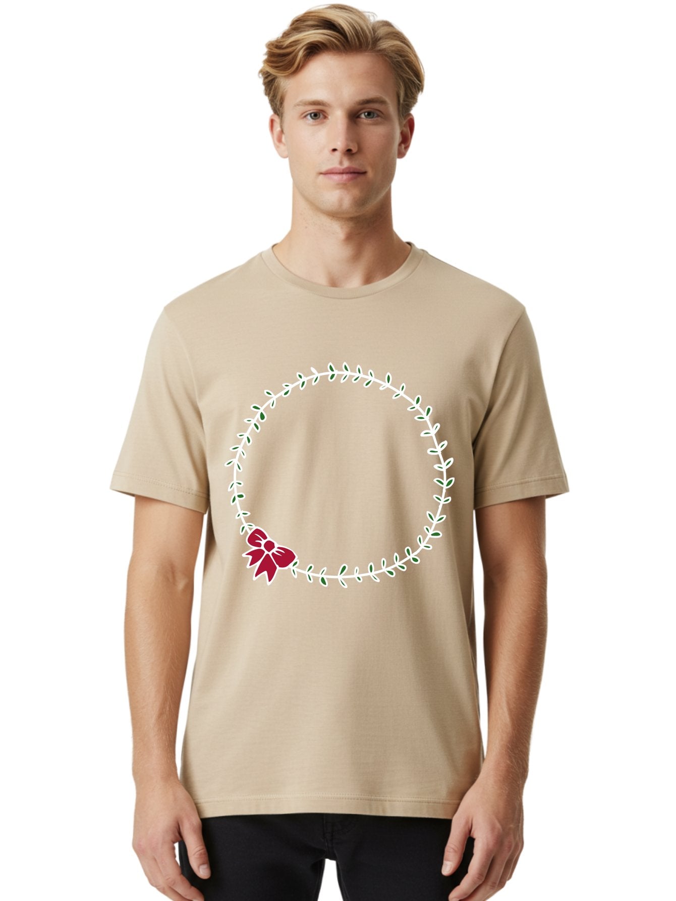 Circular-Wreath-With-Red-Bow Men'S Graphic Tee, 100% Cotton, Comfortable Casual Summer Wear, Machine Washable, Floral Wreath, White Leaves, Red Bow, Decorative Frame, Circular Design, Elegant Border, Festive Decoration, Minimalist Style, -  Aaa835 21