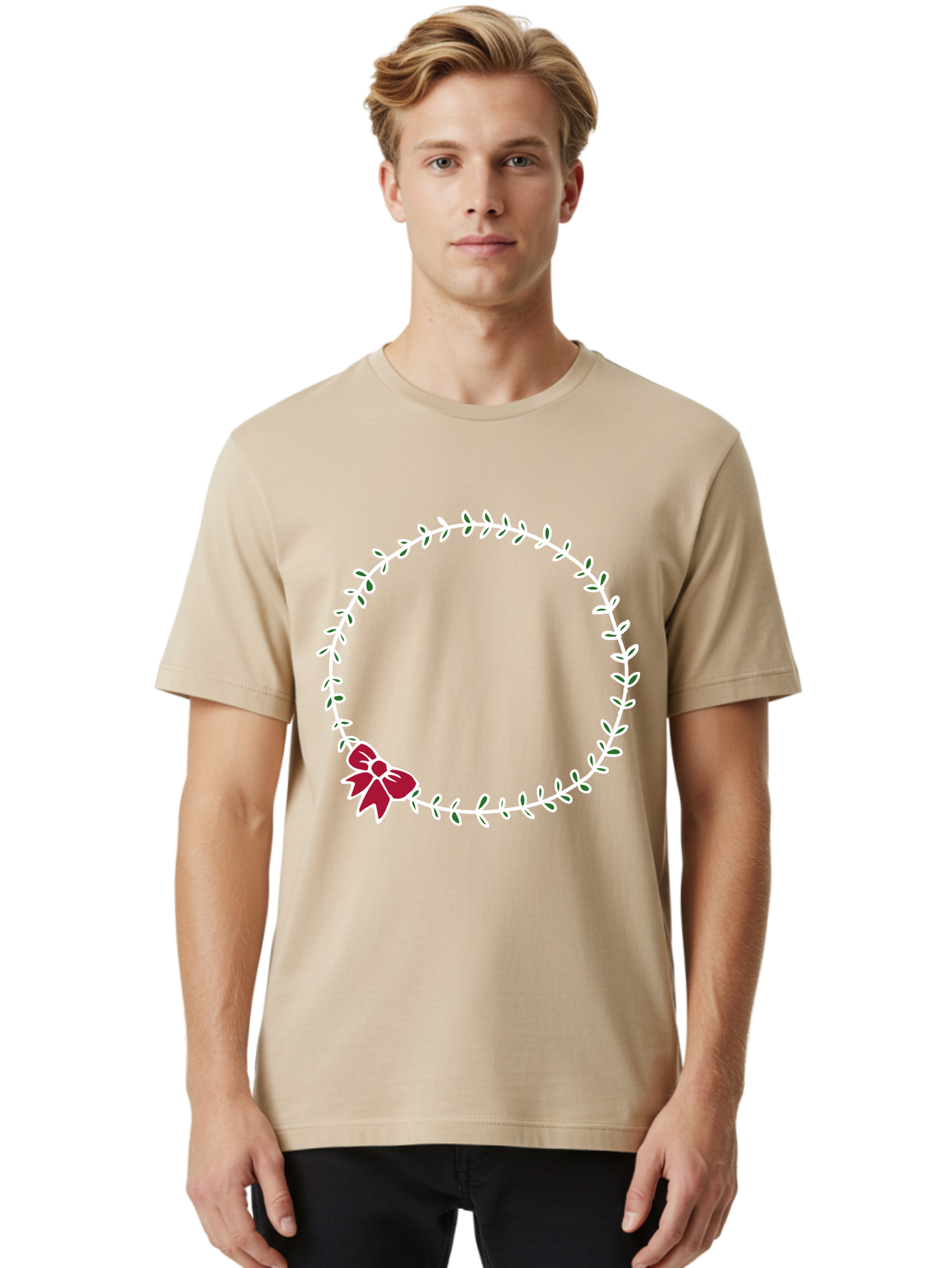 Circular-Wreath-With-Red-Bow Men'S Graphic Tee, 100% Cotton, Comfortable Casual Summer Wear, Machine Washable, Floral Wreath, White Leaves, Red Bow, Decorative Frame, Circular Design, Elegant Border, Festive Decoration, Minimalist Style, -  Aaa835 28