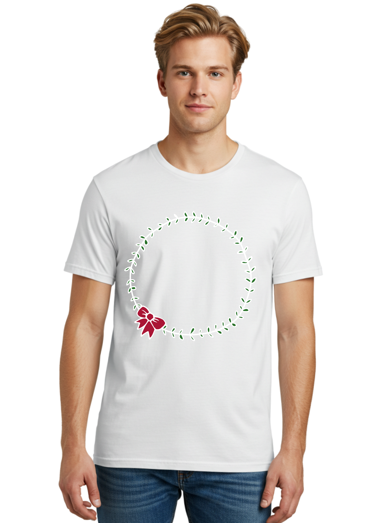 Circular-Wreath-With-Red-Bow Men'S Graphic Tee, 100% Cotton, Comfortable Casual Summer Wear, Machine Washable, Floral Wreath, White Leaves, Red Bow, Decorative Frame, Circular Design, Elegant Border, Festive Decoration, Minimalist Style, -  Aaa835 30