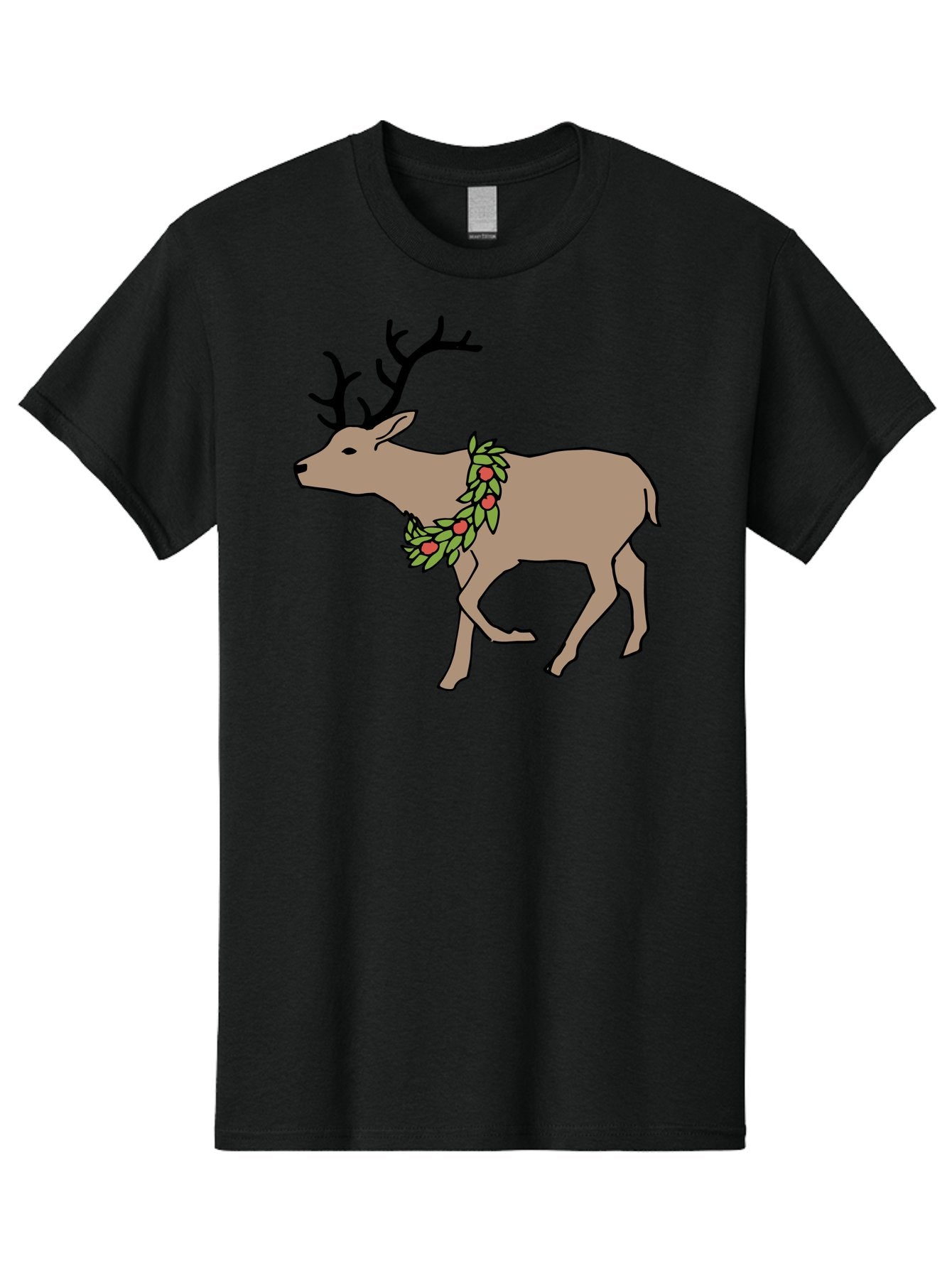 Deer-With-Holly Men'S Graphic Tee, 100% Cotton, Comfortable Casual Summer Wear, Machine Washable, Reindeer With Holly Wreath, Festive Deer, Christmas Reindeer, Holly Berries, Winter Season, Holiday Graphics, Cartoon Deer -  Aaa852