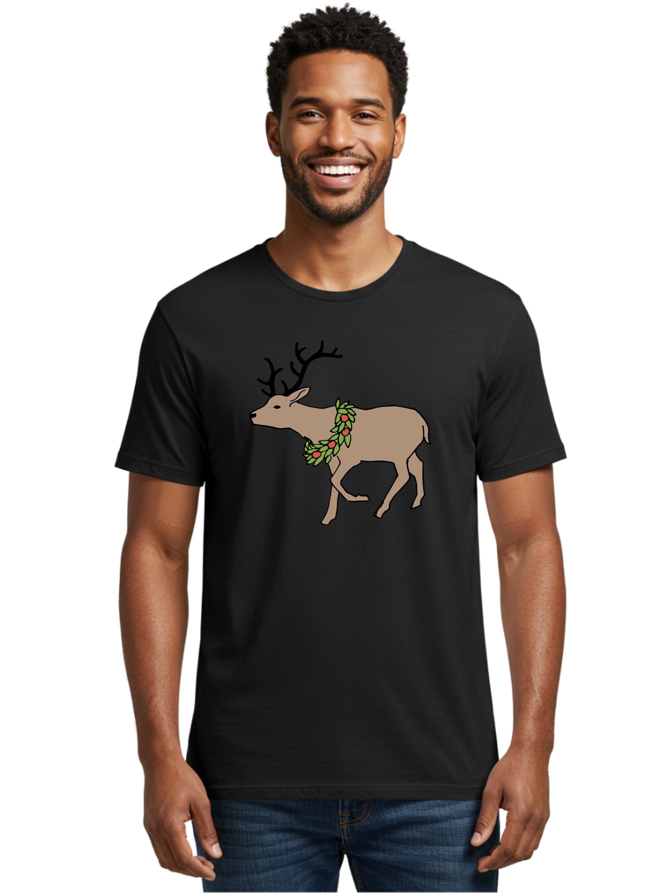 Deer-With-Holly Men'S Graphic Tee, 100% Cotton, Comfortable Casual Summer Wear, Machine Washable, Reindeer With Holly Wreath, Festive Deer, Christmas Reindeer, Holly Berries, Winter Season, Holiday Graphics, Cartoon Deer -  Aaa852 19