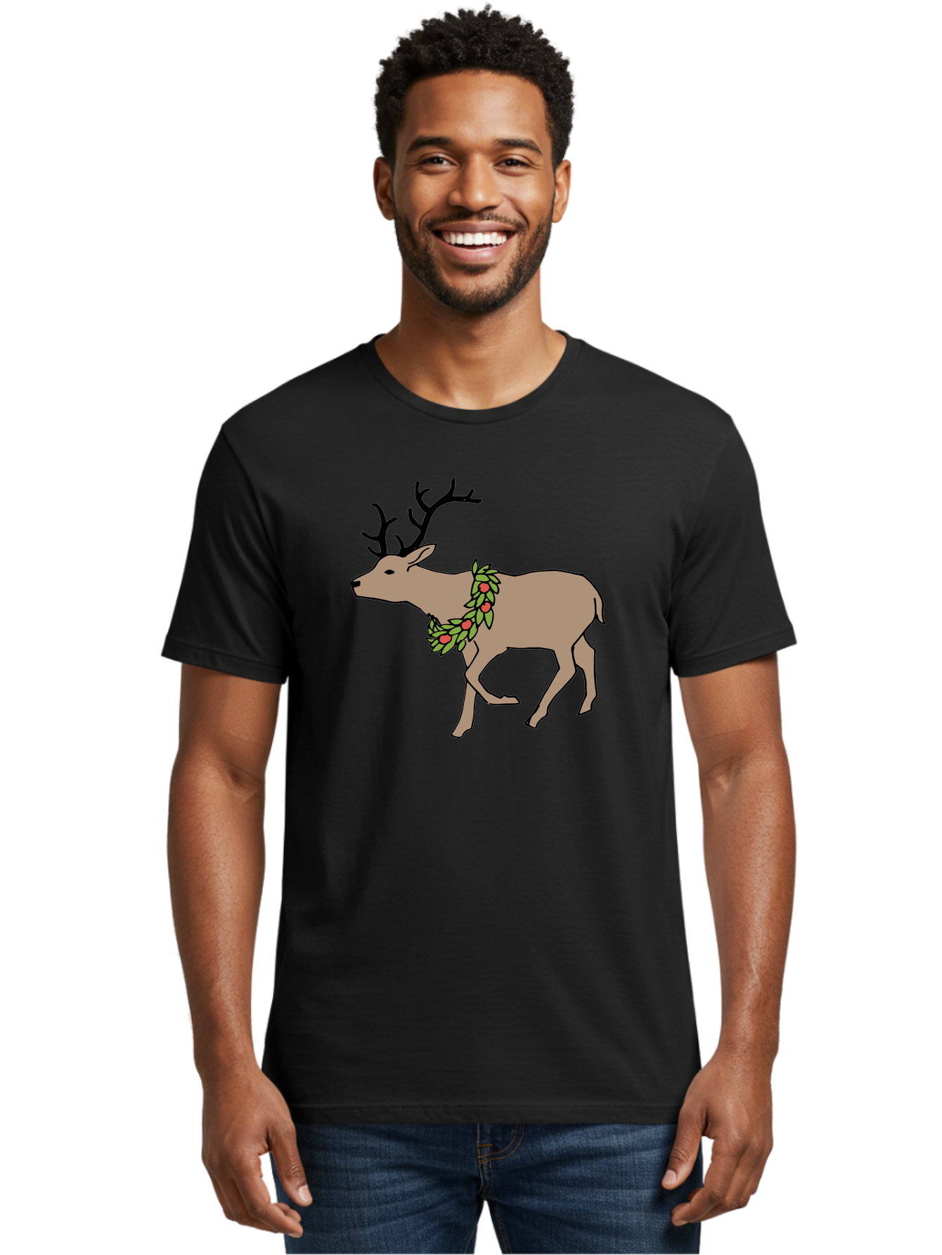 Deer-With-Holly Men'S Graphic Tee, 100% Cotton, Comfortable Casual Summer Wear, Machine Washable, Reindeer With Holly Wreath, Festive Deer, Christmas Reindeer, Holly Berries, Winter Season, Holiday Graphics, Cartoon Deer -  Aaa852 30