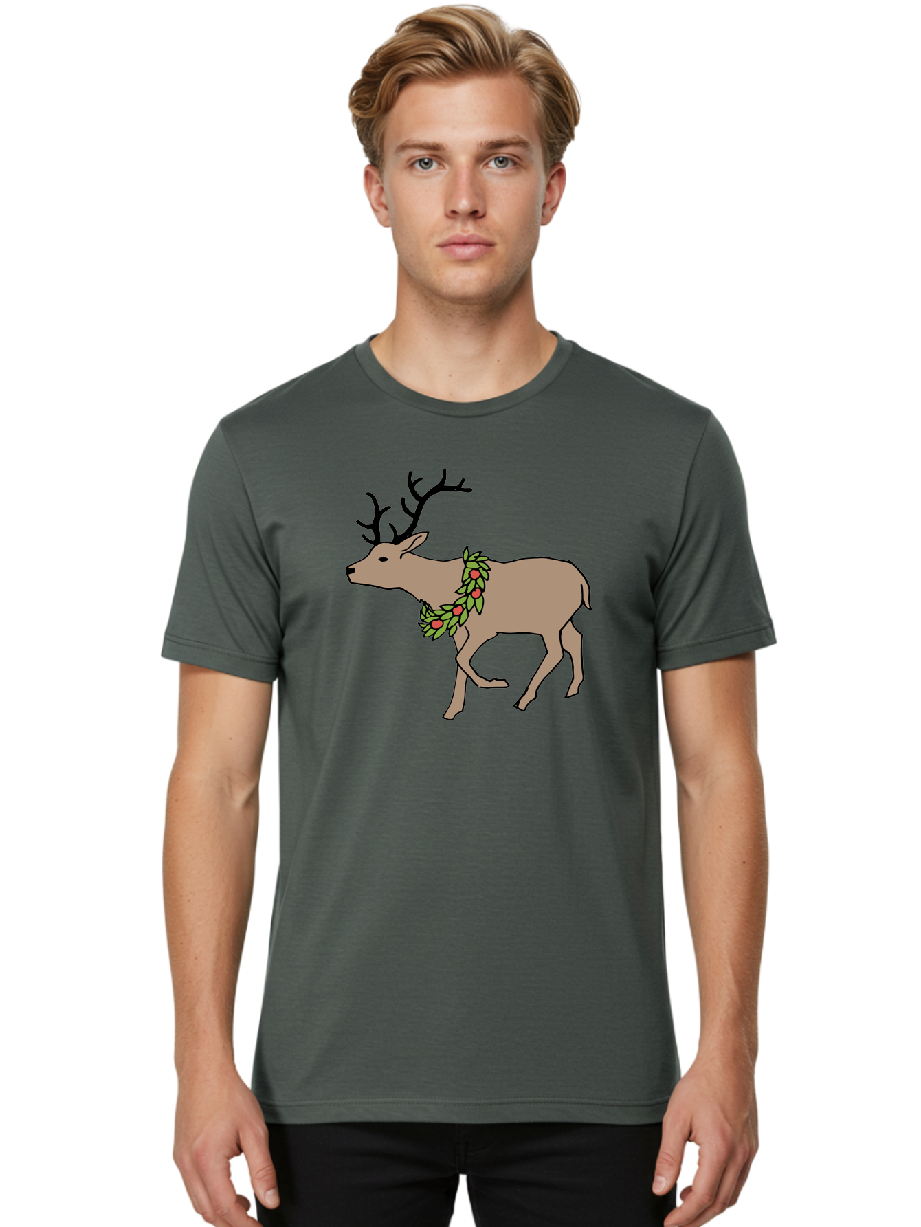 Deer-With-Holly Men'S Graphic Tee, 100% Cotton, Comfortable Casual Summer Wear, Machine Washable, Reindeer With Holly Wreath, Festive Deer, Christmas Reindeer, Holly Berries, Winter Season, Holiday Graphics, Cartoon Deer -  Aaa852 10