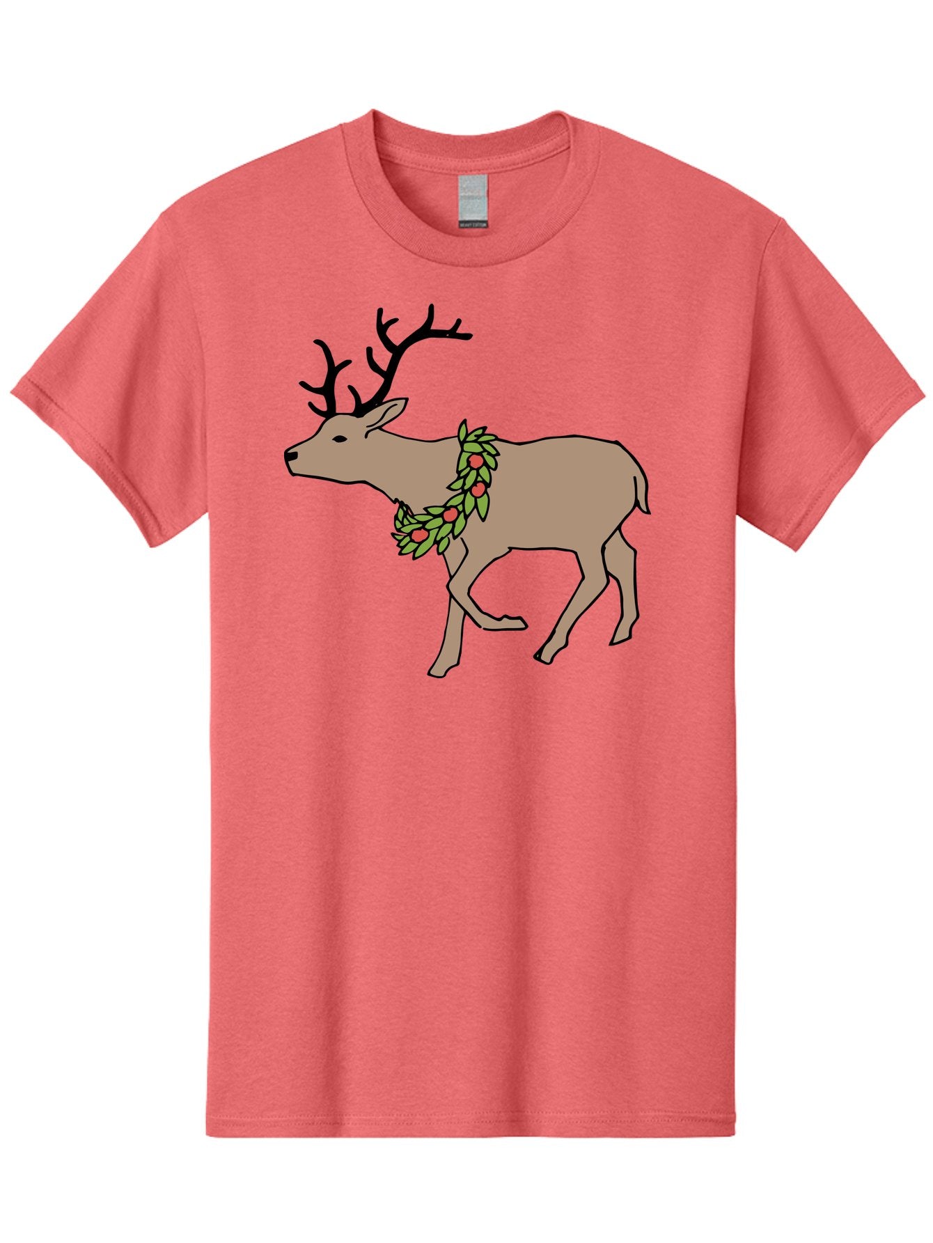 Deer-With-Holly Men'S Graphic Tee, 100% Cotton, Comfortable Casual Summer Wear, Machine Washable, Reindeer With Holly Wreath, Festive Deer, Christmas Reindeer, Holly Berries, Winter Season, Holiday Graphics, Cartoon Deer -  Aaa852 13