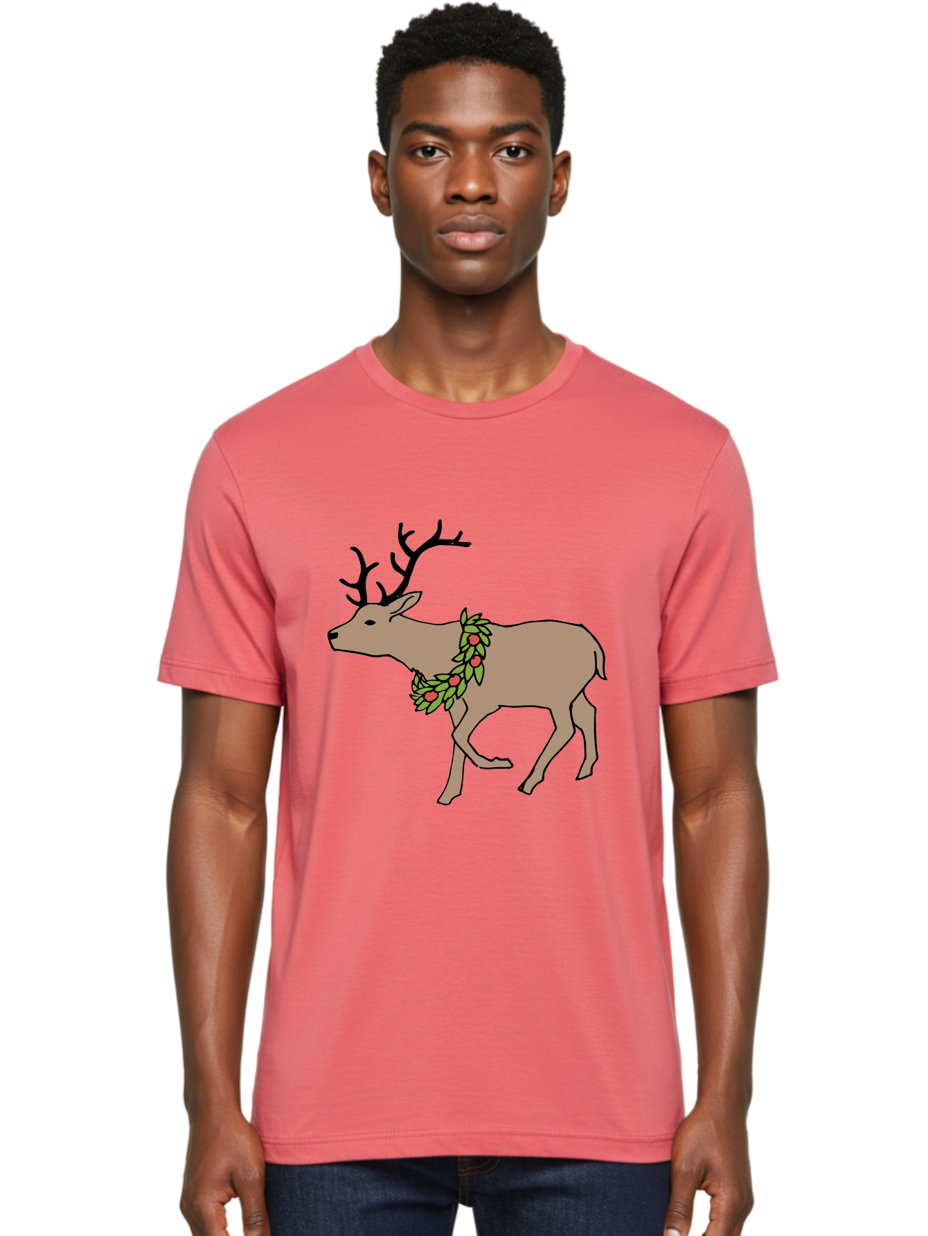 Deer-With-Holly Men'S Graphic Tee, 100% Cotton, Comfortable Casual Summer Wear, Machine Washable, Reindeer With Holly Wreath, Festive Deer, Christmas Reindeer, Holly Berries, Winter Season, Holiday Graphics, Cartoon Deer -  Aaa852 18