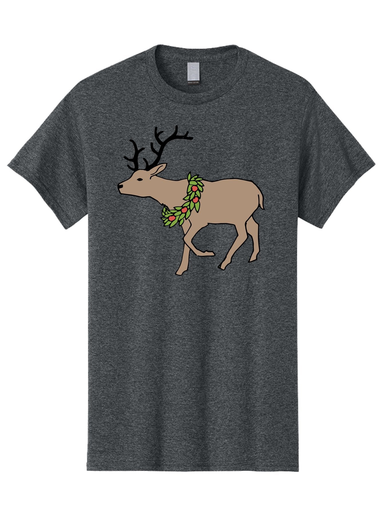 Deer-With-Holly Men'S Graphic Tee, 100% Cotton, Comfortable Casual Summer Wear, Machine Washable, Reindeer With Holly Wreath, Festive Deer, Christmas Reindeer, Holly Berries, Winter Season, Holiday Graphics, Cartoon Deer -  Aaa852