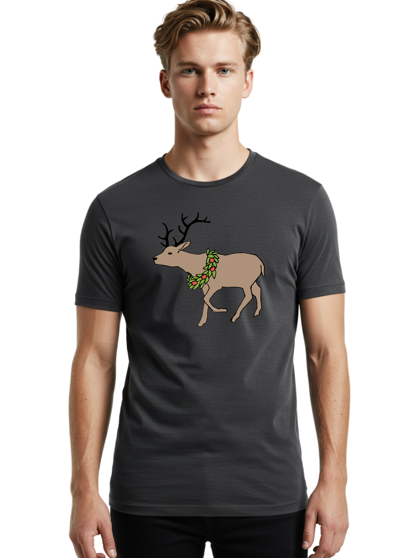 Deer-With-Holly Men'S Graphic Tee, 100% Cotton, Comfortable Casual Summer Wear, Machine Washable, Reindeer With Holly Wreath, Festive Deer, Christmas Reindeer, Holly Berries, Winter Season, Holiday Graphics, Cartoon Deer -  Aaa852 20