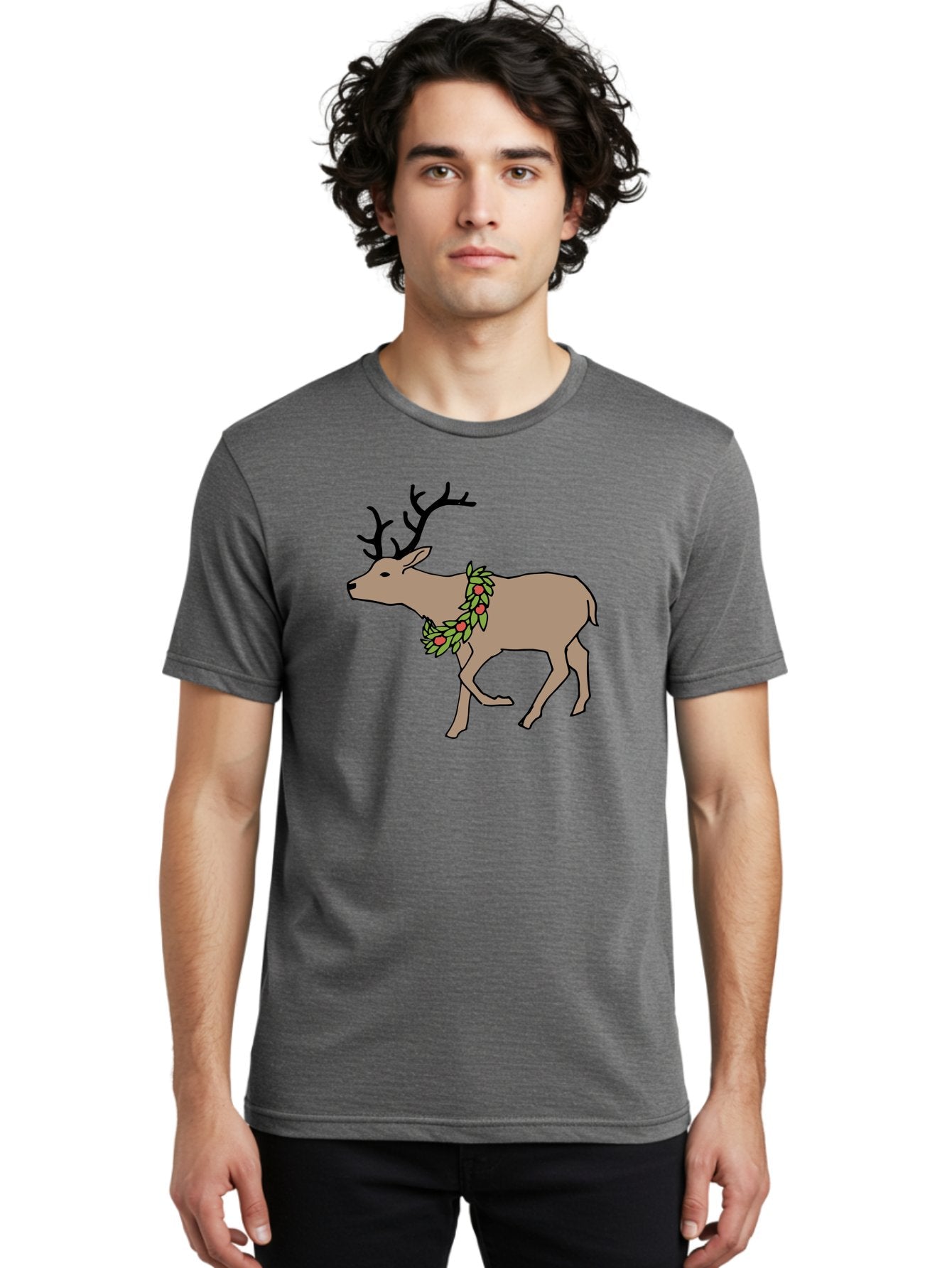 Deer-With-Holly Men'S Graphic Tee, 100% Cotton, Comfortable Casual Summer Wear, Machine Washable, Reindeer With Holly Wreath, Festive Deer, Christmas Reindeer, Holly Berries, Winter Season, Holiday Graphics, Cartoon Deer -  Aaa852 24