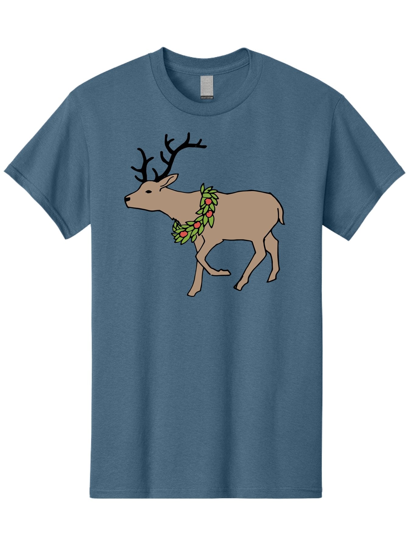 Deer-With-Holly Men'S Graphic Tee, 100% Cotton, Comfortable Casual Summer Wear, Machine Washable, Reindeer With Holly Wreath, Festive Deer, Christmas Reindeer, Holly Berries, Winter Season, Holiday Graphics, Cartoon Deer -  Aaa852 3