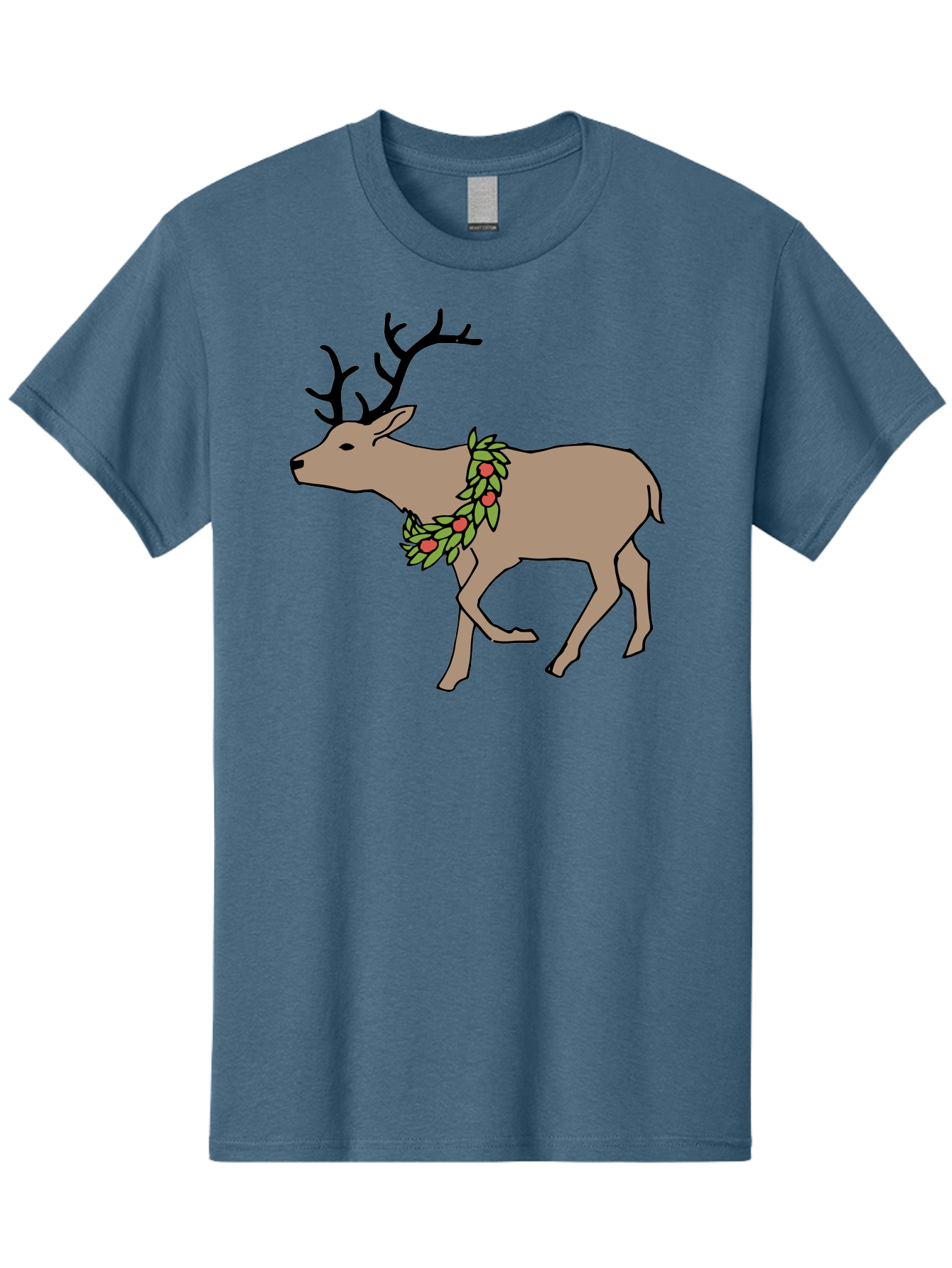 Deer-With-Holly Men'S Graphic Tee, 100% Cotton, Comfortable Casual Summer Wear, Machine Washable, Reindeer With Holly Wreath, Festive Deer, Christmas Reindeer, Holly Berries, Winter Season, Holiday Graphics, Cartoon Deer -  Aaa852 25