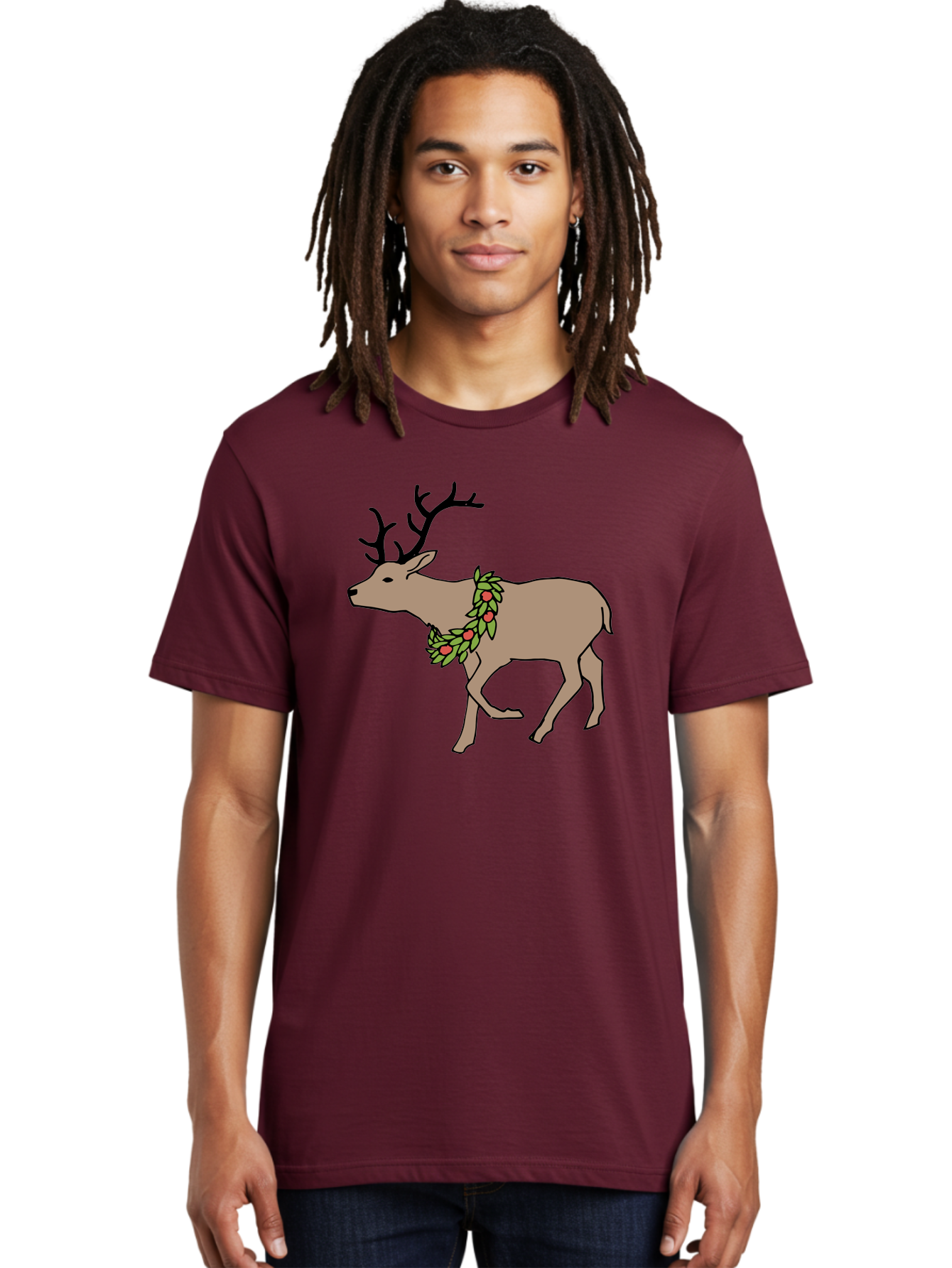 Deer-With-Holly Men'S Graphic Tee, 100% Cotton, Comfortable Casual Summer Wear, Machine Washable, Reindeer With Holly Wreath, Festive Deer, Christmas Reindeer, Holly Berries, Winter Season, Holiday Graphics, Cartoon Deer -  Aaa852 12