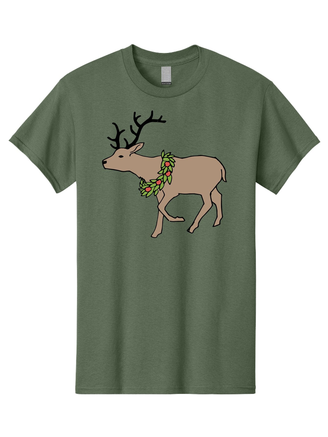 Deer-With-Holly Men'S Graphic Tee, 100% Cotton, Comfortable Casual Summer Wear, Machine Washable, Reindeer With Holly Wreath, Festive Deer, Christmas Reindeer, Holly Berries, Winter Season, Holiday Graphics, Cartoon Deer -  Aaa852 10
