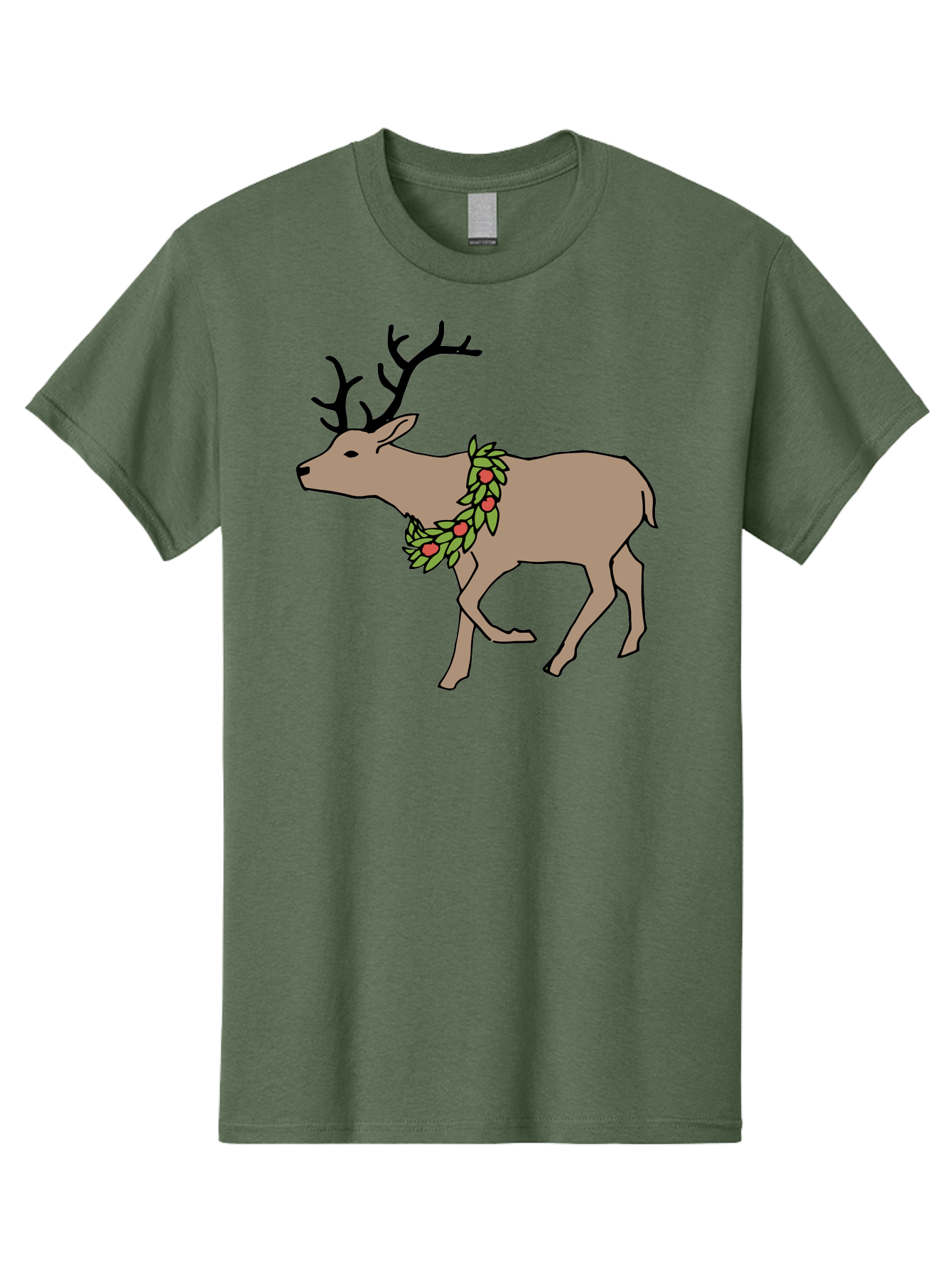 Deer-With-Holly Men'S Graphic Tee, 100% Cotton, Comfortable Casual Summer Wear, Machine Washable, Reindeer With Holly Wreath, Festive Deer, Christmas Reindeer, Holly Berries, Winter Season, Holiday Graphics, Cartoon Deer -  Aaa852 23