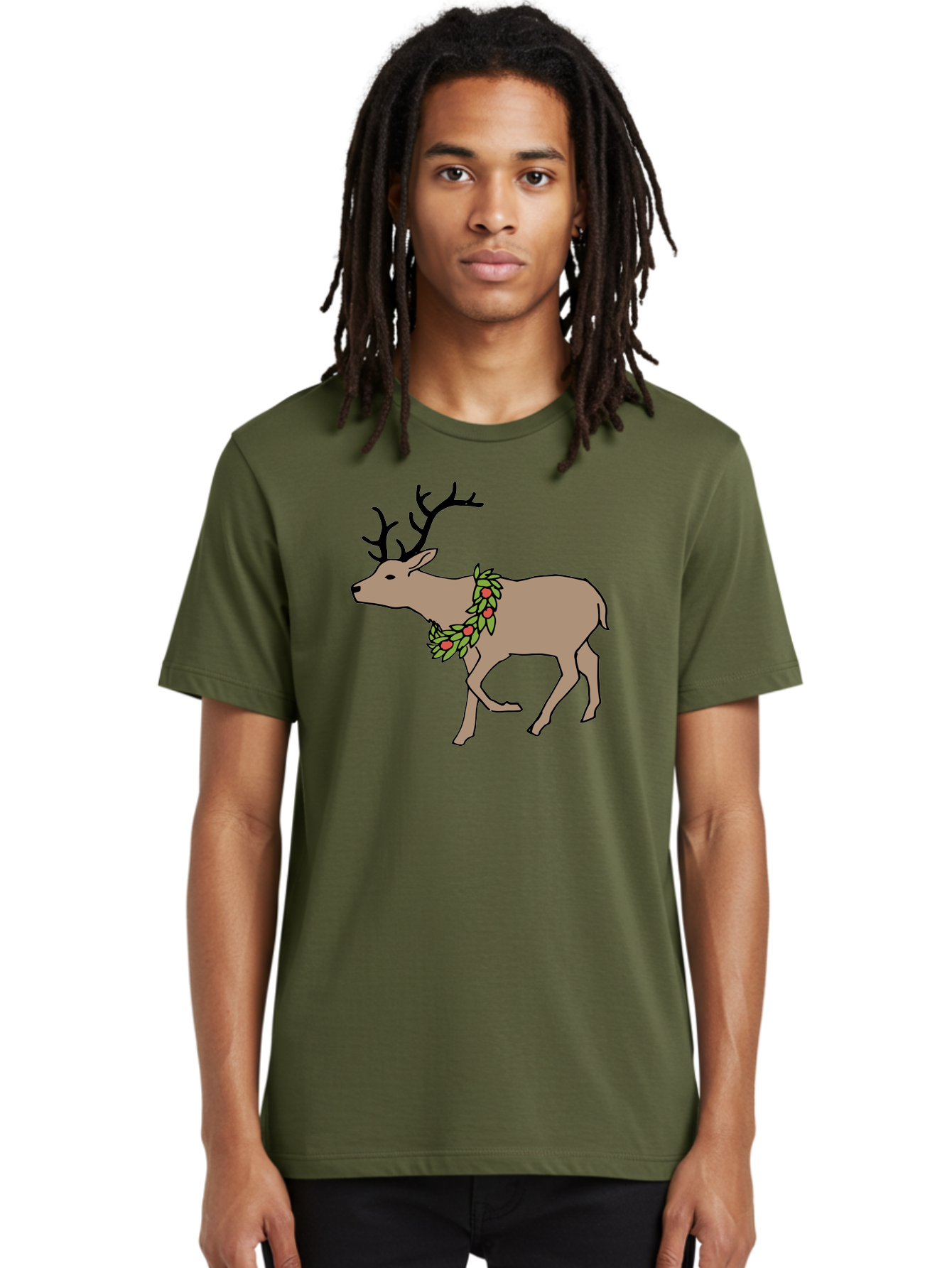 Deer-With-Holly Men'S Graphic Tee, 100% Cotton, Comfortable Casual Summer Wear, Machine Washable, Reindeer With Holly Wreath, Festive Deer, Christmas Reindeer, Holly Berries, Winter Season, Holiday Graphics, Cartoon Deer -  Aaa852 24