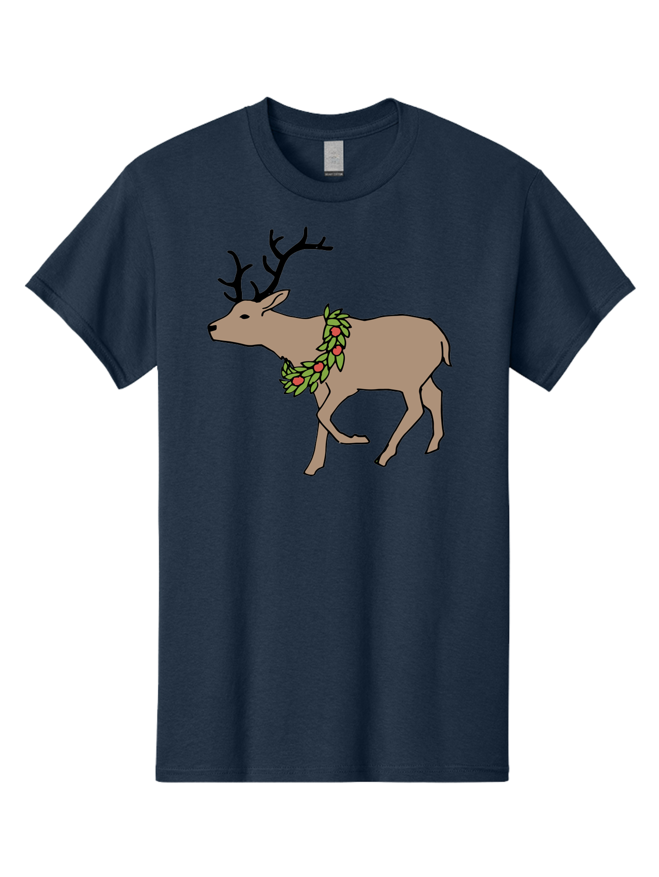 Deer-With-Holly Men'S Graphic Tee, 100% Cotton, Comfortable Casual Summer Wear, Machine Washable, Reindeer With Holly Wreath, Festive Deer, Christmas Reindeer, Holly Berries, Winter Season, Holiday Graphics, Cartoon Deer -  Aaa852 21