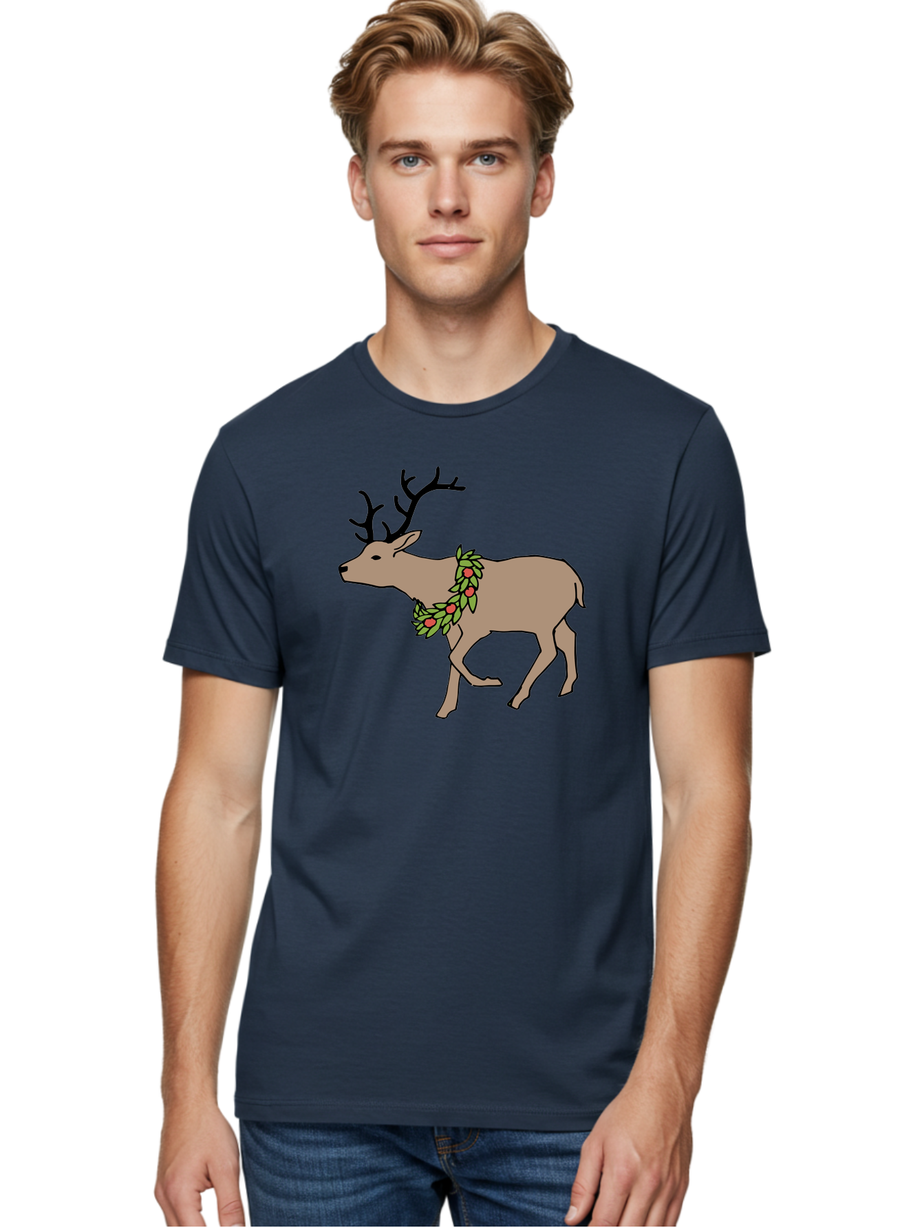 Deer-With-Holly Men'S Graphic Tee, 100% Cotton, Comfortable Casual Summer Wear, Machine Washable, Reindeer With Holly Wreath, Festive Deer, Christmas Reindeer, Holly Berries, Winter Season, Holiday Graphics, Cartoon Deer -  Aaa852 22