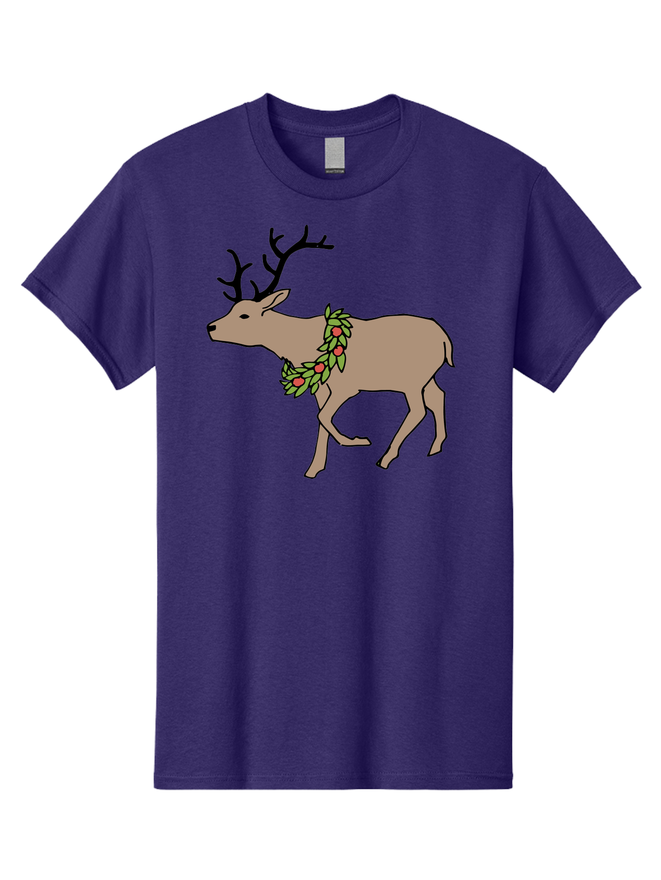 Deer-With-Holly Men'S Graphic Tee, 100% Cotton, Comfortable Casual Summer Wear, Machine Washable, Reindeer With Holly Wreath, Festive Deer, Christmas Reindeer, Holly Berries, Winter Season, Holiday Graphics, Cartoon Deer -  Aaa852