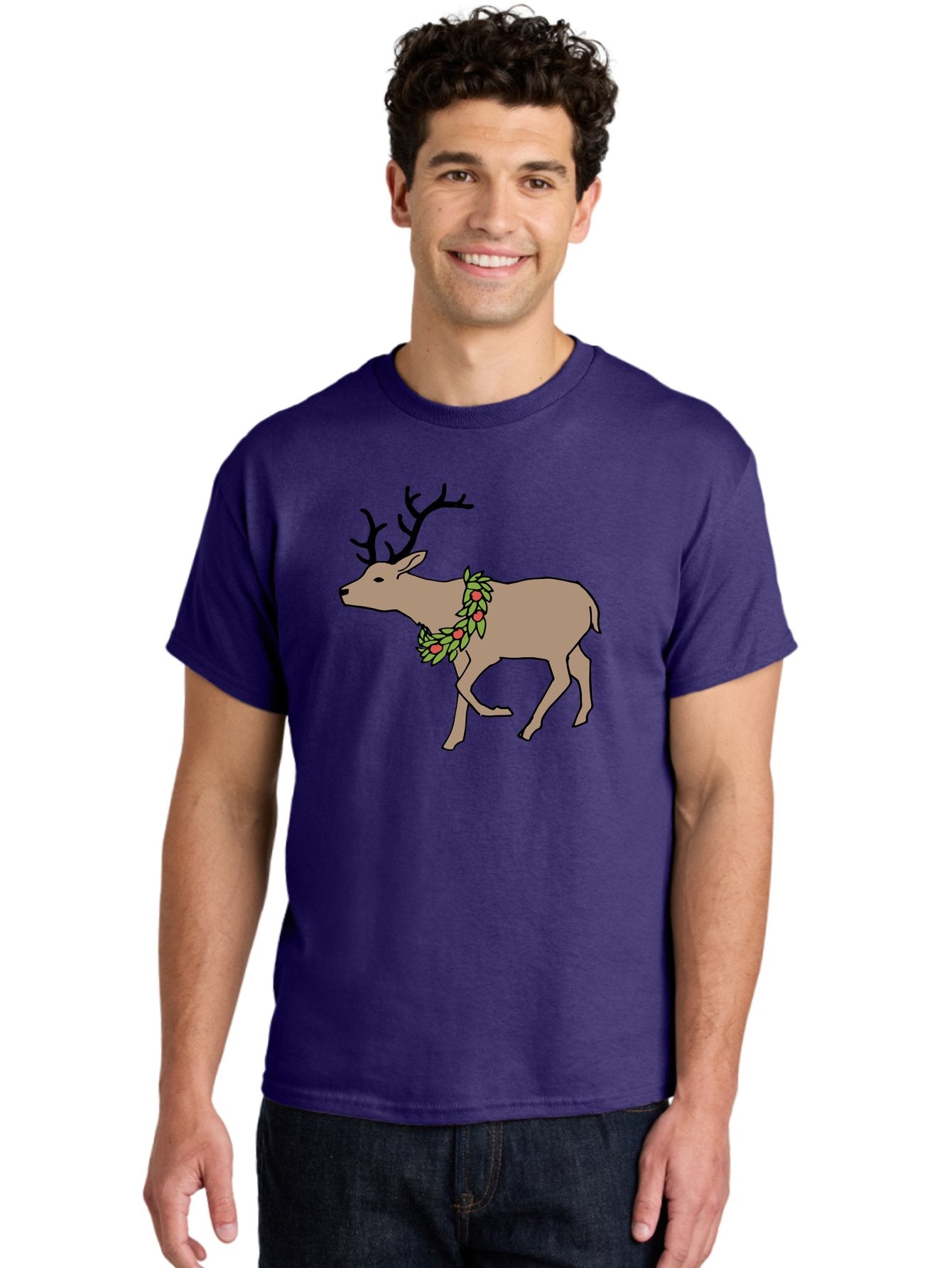 Deer-With-Holly Men'S Graphic Tee, 100% Cotton, Comfortable Casual Summer Wear, Machine Washable, Reindeer With Holly Wreath, Festive Deer, Christmas Reindeer, Holly Berries, Winter Season, Holiday Graphics, Cartoon Deer -  Aaa852 28