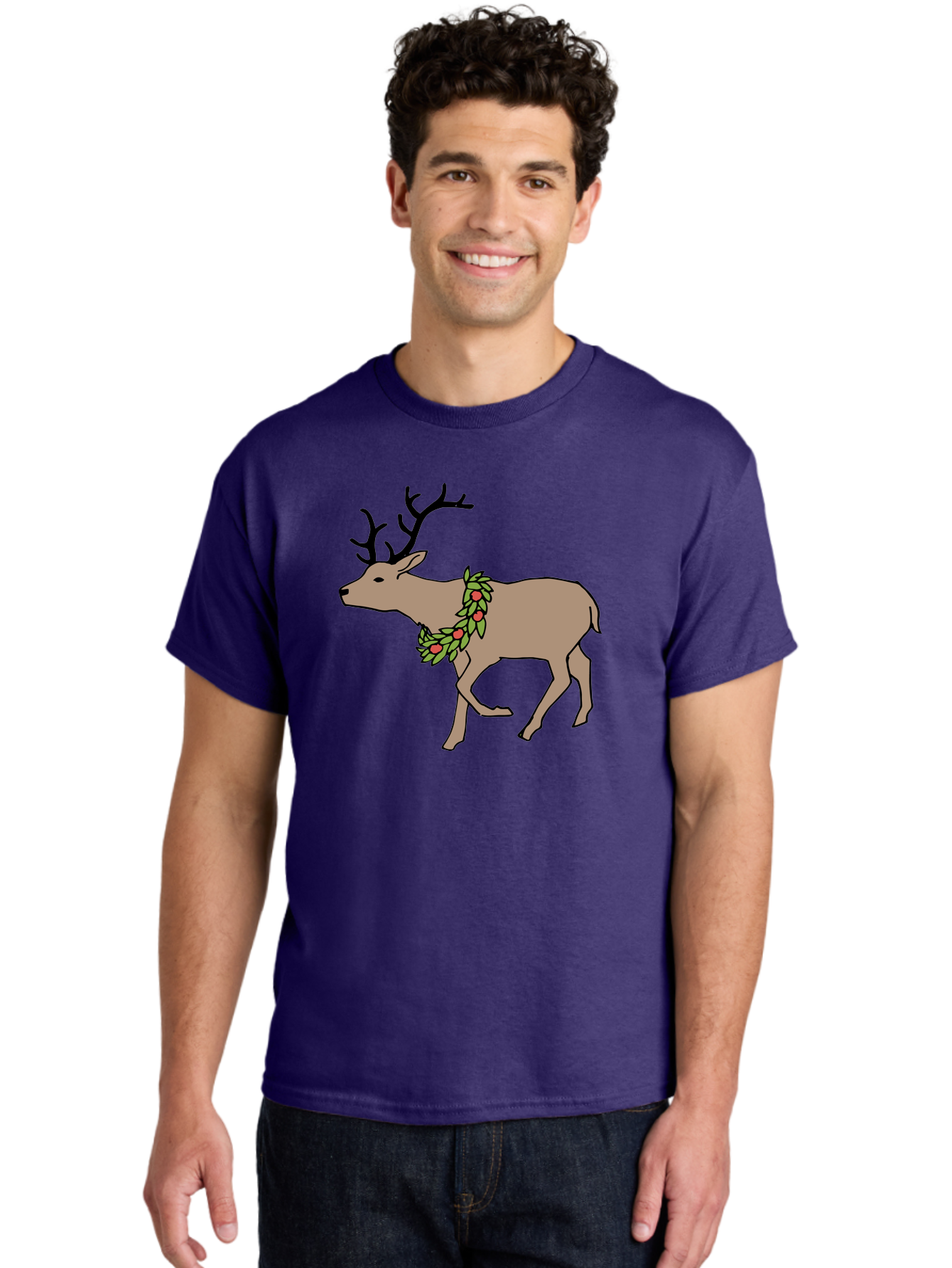 Deer-With-Holly Men'S Graphic Tee, 100% Cotton, Comfortable Casual Summer Wear, Machine Washable, Reindeer With Holly Wreath, Festive Deer, Christmas Reindeer, Holly Berries, Winter Season, Holiday Graphics, Cartoon Deer -  Aaa852