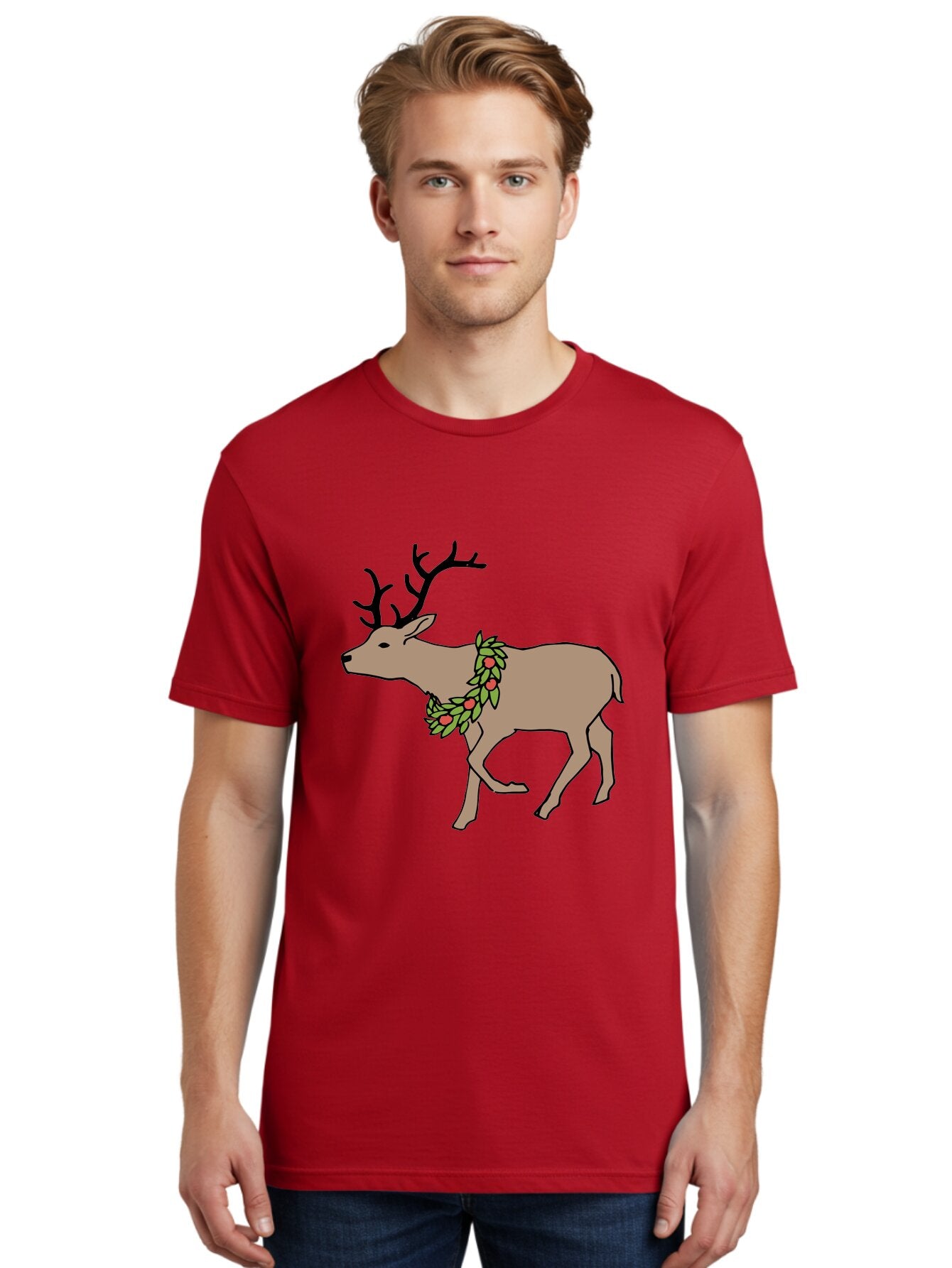Deer-With-Holly Men'S Graphic Tee, 100% Cotton, Comfortable Casual Summer Wear, Machine Washable, Reindeer With Holly Wreath, Festive Deer, Christmas Reindeer, Holly Berries, Winter Season, Holiday Graphics, Cartoon Deer -  Aaa852 23