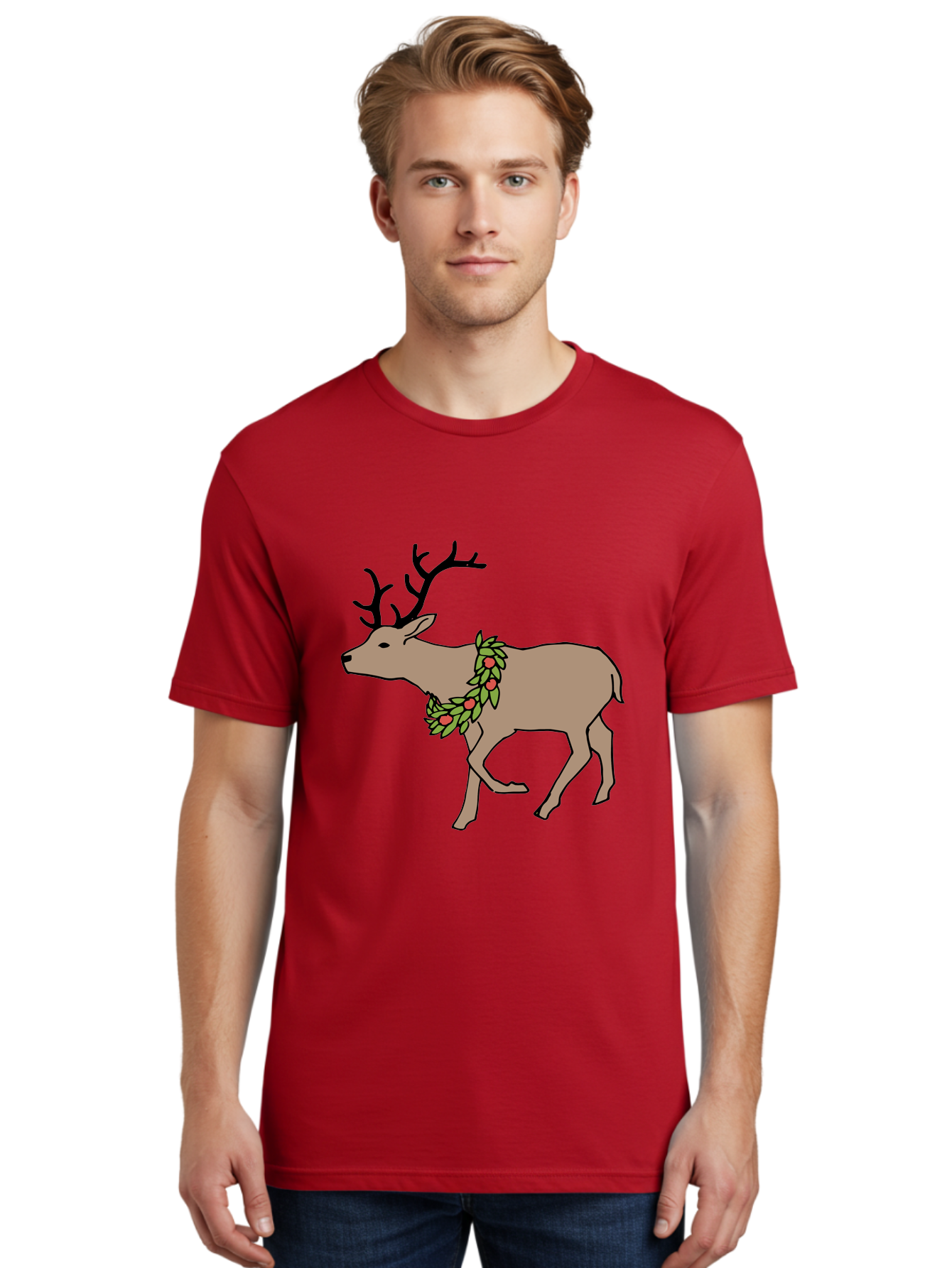 Deer-With-Holly Men'S Graphic Tee, 100% Cotton, Comfortable Casual Summer Wear, Machine Washable, Reindeer With Holly Wreath, Festive Deer, Christmas Reindeer, Holly Berries, Winter Season, Holiday Graphics, Cartoon Deer -  Aaa852 14